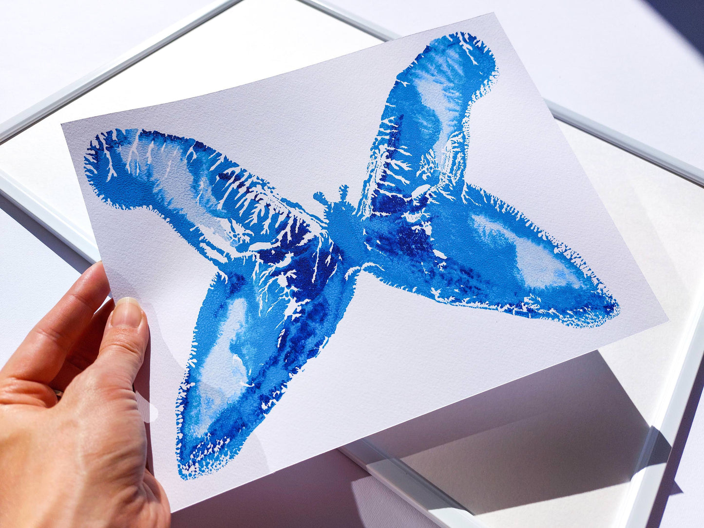 Gallery wall Set of 2 Blue monotype prints Abstract butterflies Original artwork Holiday winter wall art for New home gift, Relief print, Simple artwork, New home gift, Printmaking art, Festive handmade block print, winter art decoration