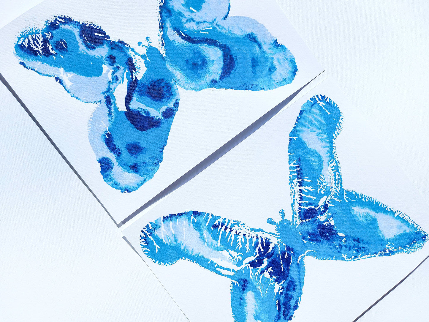 Gallery wall Set of 2 Blue monotype prints Abstract butterflies Original artwork Holiday winter wall art for New home gift, Relief print, Simple artwork, New home gift, Printmaking art, Festive handmade block print, winter art decoration