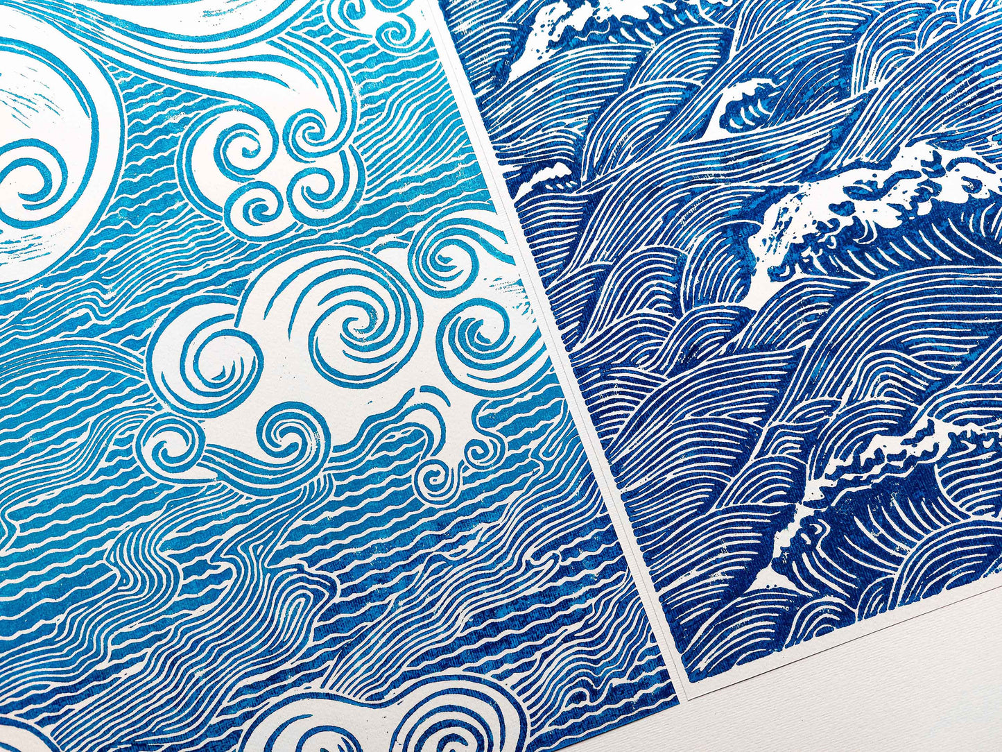 Gallery wall set of 2 Blue Japanese waves and clouds wall art Linocut print UNFRAMED for bathroom, bedroom or living room wall decor, lino print, linogravure, printmaking, handmade art, block print, relief print for new home gift or nature lover gift