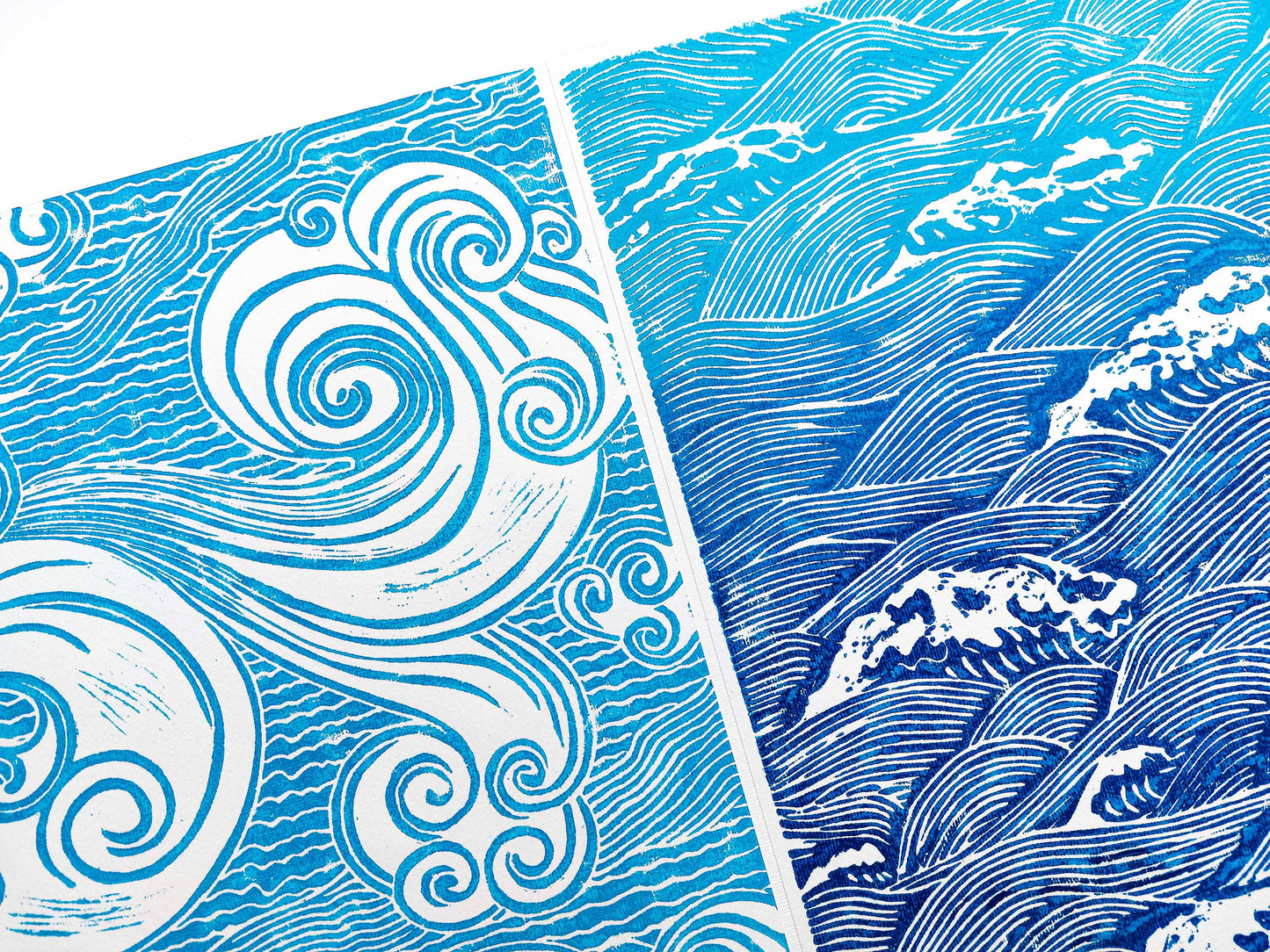 Gallery wall set of 2 Blue Japanese waves and clouds wall art Linocut print UNFRAMED for bathroom, bedroom or living room wall decor, lino print, linogravure, printmaking, handmade art, block print, relief print for new home gift or nature lover gift