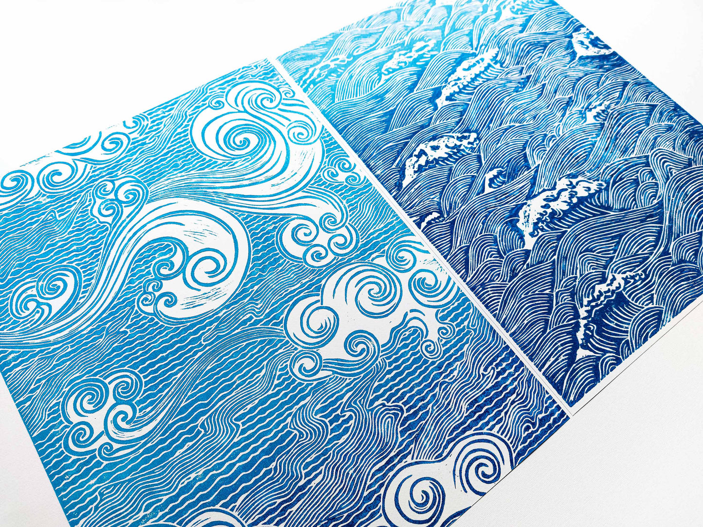 Gallery wall set of 2 Blue Japanese waves and clouds wall art Linocut print UNFRAMED for bathroom, bedroom or living room wall decor, lino print, linogravure, printmaking, handmade art, block print, relief print for new home gift or nature lover gift