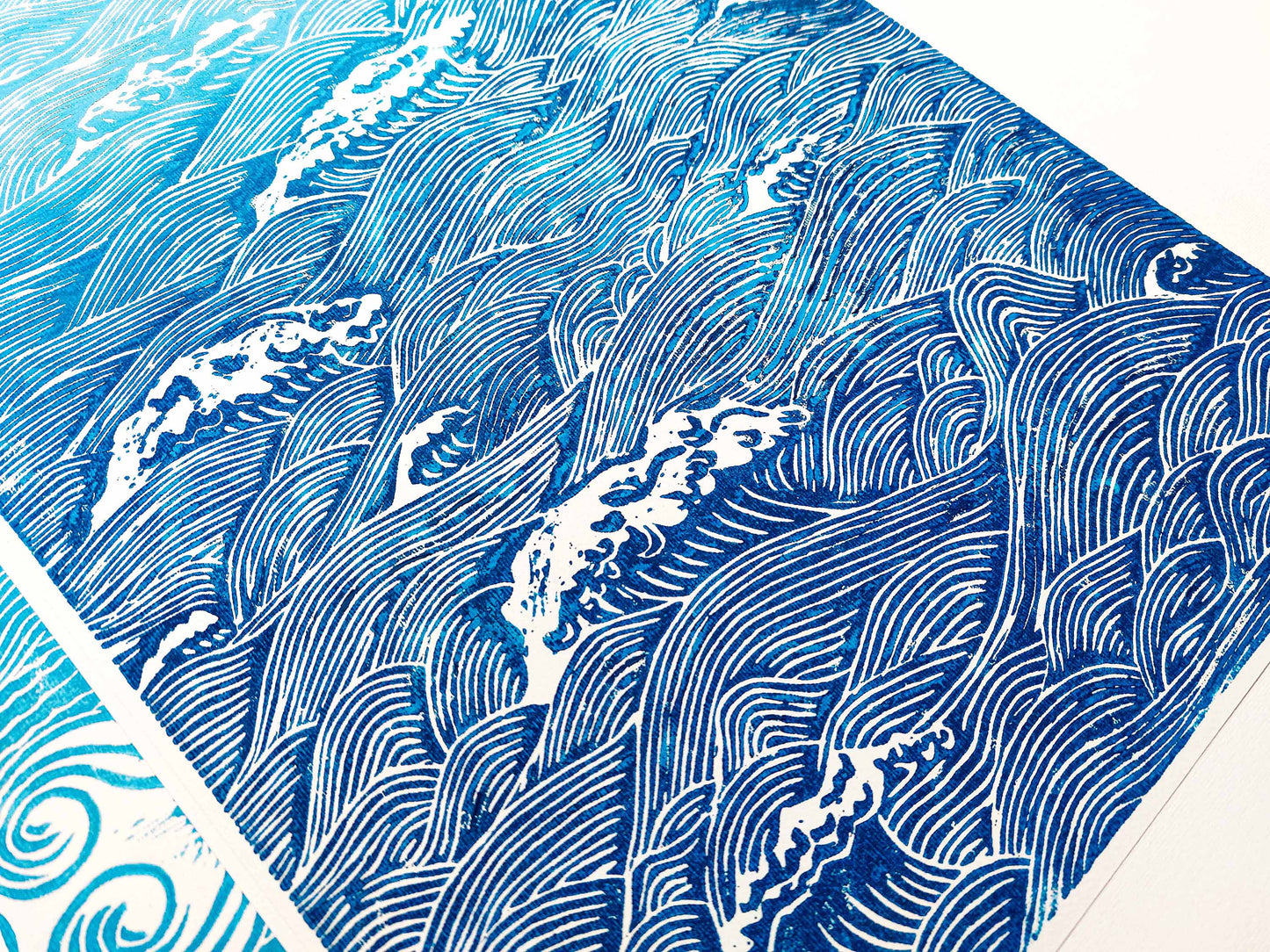 Gallery wall set of 2 Blue Japanese waves and clouds wall art Linocut print UNFRAMED for bathroom, bedroom or living room wall decor, lino print, linogravure, printmaking, handmade art, block print, relief print for new home gift or nature lover gift
