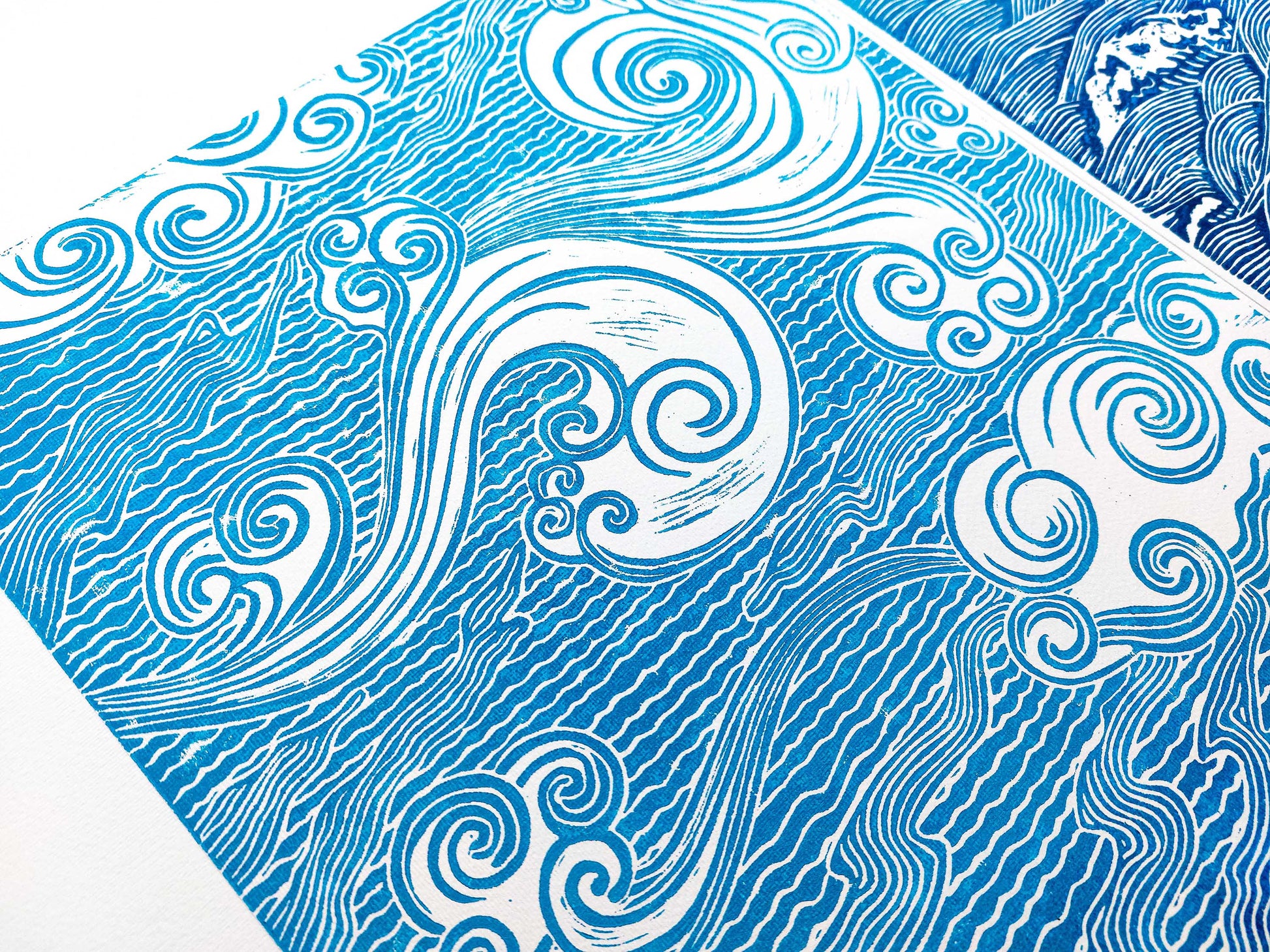 Gallery wall set of 2 Blue Japanese waves and clouds wall art Linocut print UNFRAMED for bathroom, bedroom or living room wall decor, lino print, linogravure, printmaking, handmade art, block print, relief print for new home gift or nature lover gift