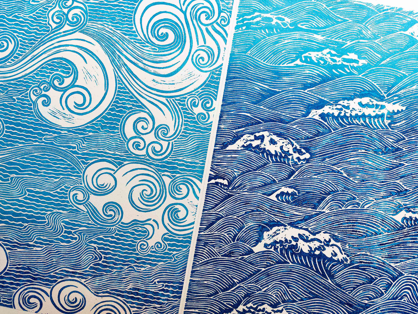 Gallery wall set of 2 Blue Japanese waves and clouds wall art Linocut print UNFRAMED for bathroom, bedroom or living room wall decor, lino print, linogravure, printmaking, handmade art, block print, relief print for new home gift or nature lover gift