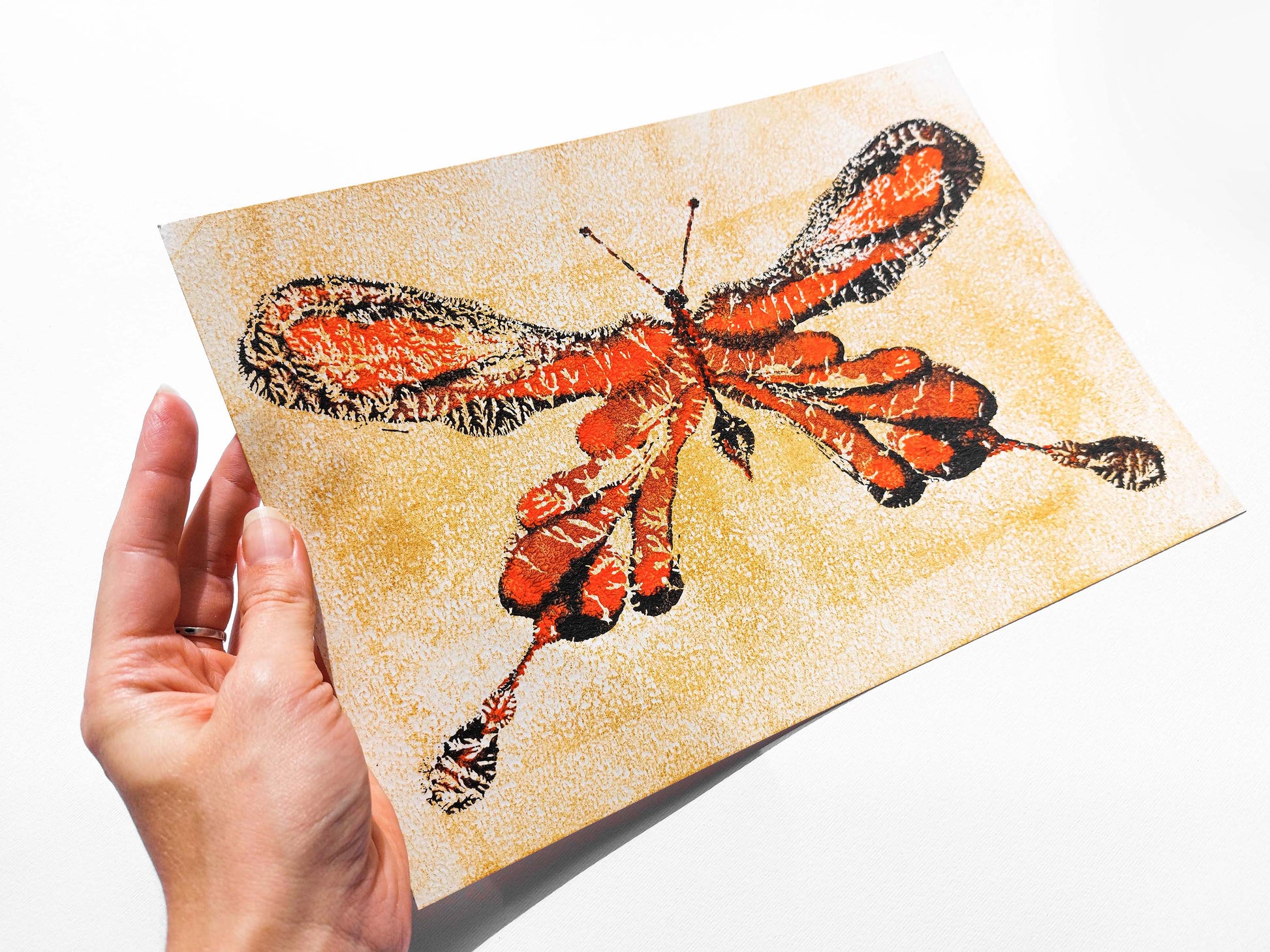 №8 - Gold paper Red and black abstract butterfly Monotype print for Nature lover gift UNFRAMED for living room, bathroom or bedroom original artwork