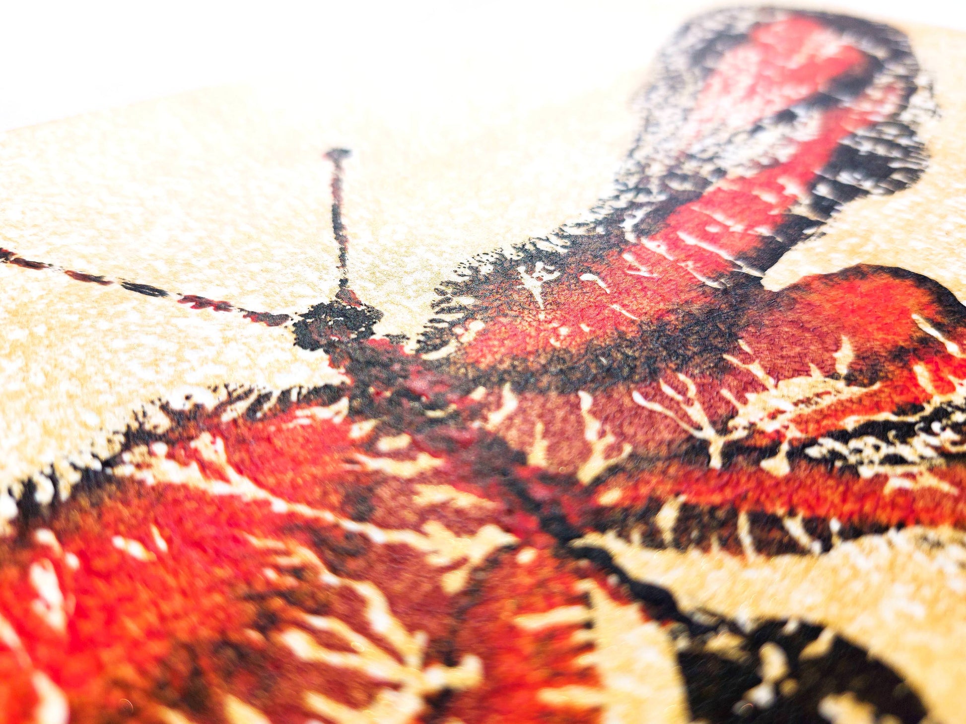 Details relief print №8 - Gold paper Red and black abstract butterfly Monotype print / printmaking