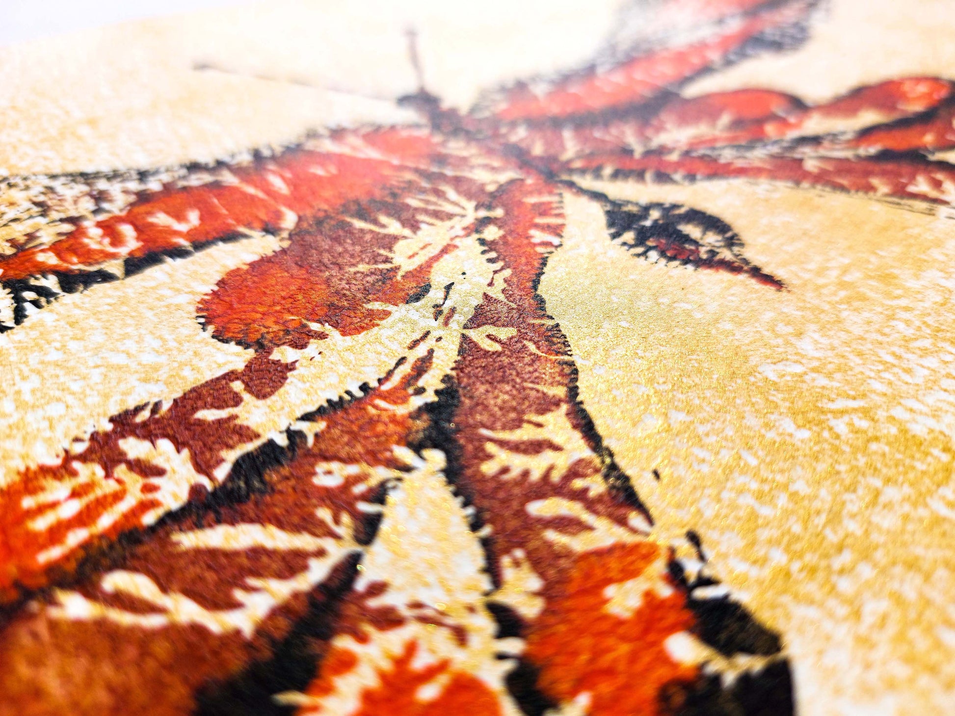 Details relief print №8 - Gold paper Red and black abstract butterfly Monotype print / printmaking