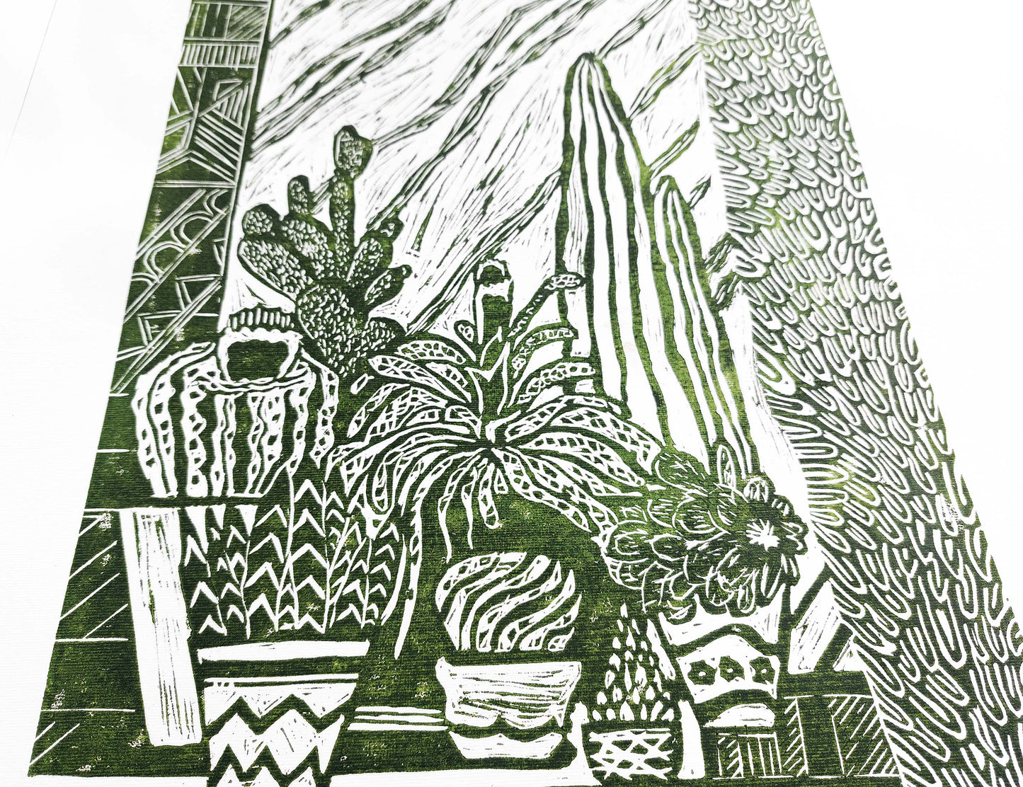 White and green Botanical cactuses illustration Linocut print for Farmhouse gift UNFRAMED, original artwork, relief print, printmaking art, lino print, linogravure, handmade wall art, new home gift, farmhouse decor, housewarming gift, living room wall art, dining room art, farm kitchen art, bedroom wall decor, autumn art, fall wall art, seasonal wall decor, aesthetic wall art, cottagecore wall art, foraged wall decor, Illustration print, cactus