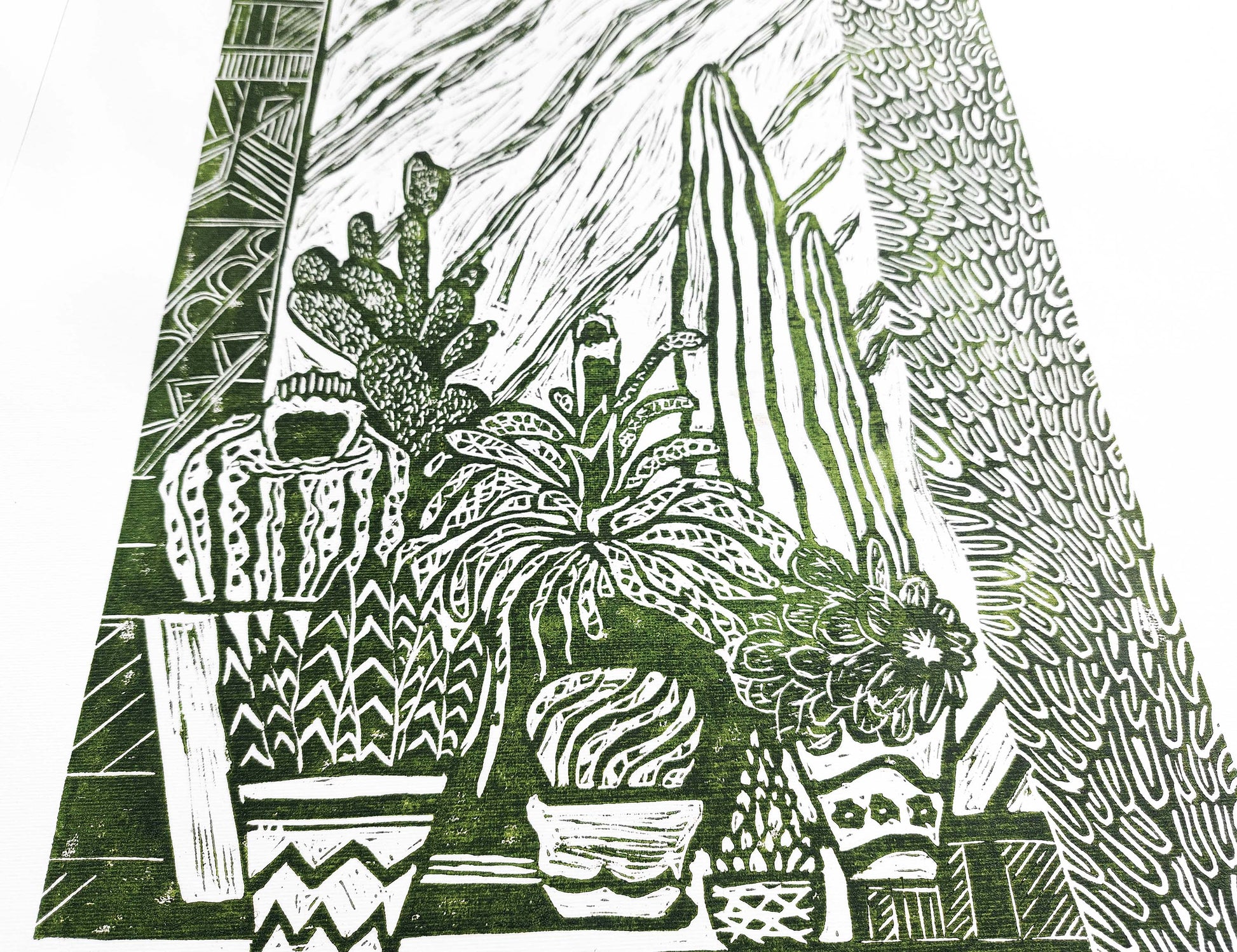 White and green Botanical cactuses illustration Linocut print for Farmhouse gift UNFRAMED, original artwork, relief print, printmaking art, lino print, linogravure, handmade wall art, new home gift, farmhouse decor, housewarming gift, living room wall art, dining room art, farm kitchen art, bedroom wall decor, autumn art, fall wall art, seasonal wall decor, aesthetic wall art, cottagecore wall art, foraged wall decor, Illustration print, cactus