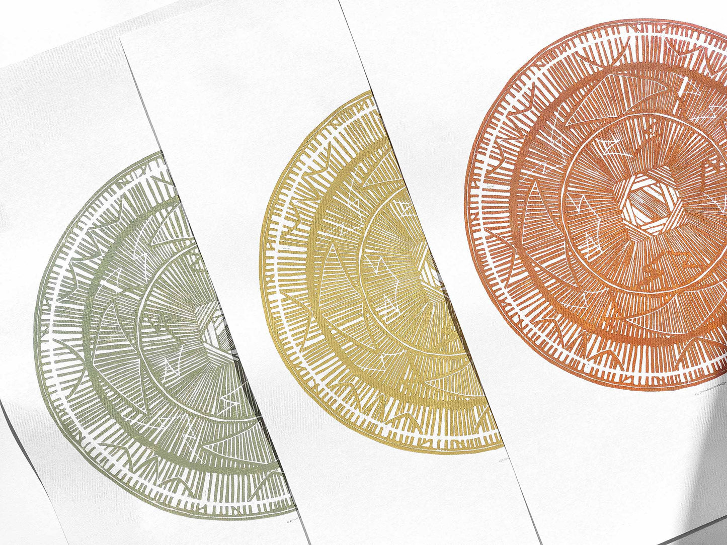 Large linocut print Khaki geometric bohemian eclectic circle African american wall art Original artwork for Living room Bedroom decor Terracotta handmade lino print Linogravure Printmaking relief block print Housewarming gift Mother day gift New home gift Yellow Khaki Brown