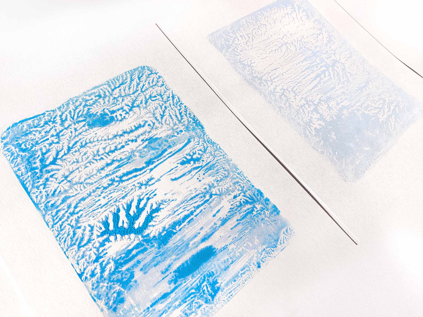 Holiday winter wall art Gallery wall set of 2 Monotype prints Abstract light blue turquose relief textures Original artwork New home gift, handmade printmaking art, relief print, Minimalist artwork, scandinavian wall decor decoration, living room decor, bedroom or bathroom wall art