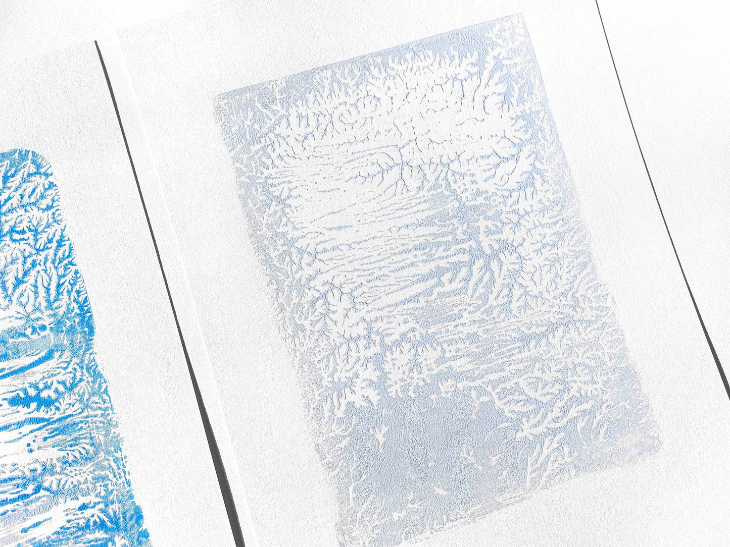 Holiday winter wall art Gallery wall set of 2 Monotype prints Abstract light blue turquose relief textures Original artwork New home gift, handmade printmaking art, relief print, Minimalist artwork, scandinavian wall decor decoration, living room decor, bedroom or bathroom wall art