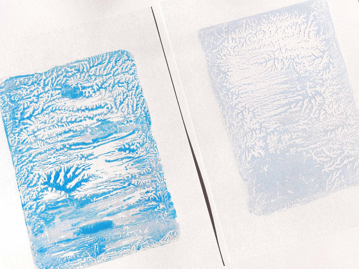 Holiday winter wall art Gallery wall set of 2 Monotype prints Abstract light blue turquose relief textures Original artwork New home gift, handmade printmaking art, relief print, Minimalist artwork, scandinavian wall decor decoration, living room decor, bedroom or bathroom wall art