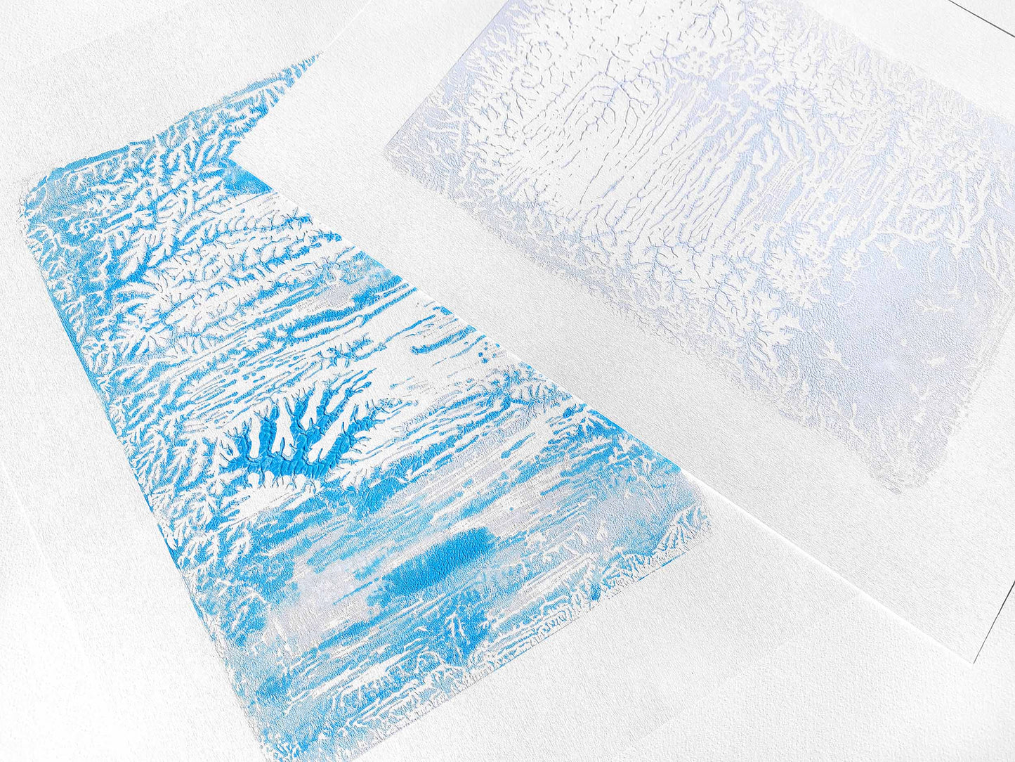 Holiday winter wall art Gallery wall set of 2 Monotype prints Abstract light blue turquose relief textures Original artwork New home gift, handmade printmaking art, relief print, Minimalist artwork, scandinavian wall decor decoration, living room decor, bedroom or bathroom wall art