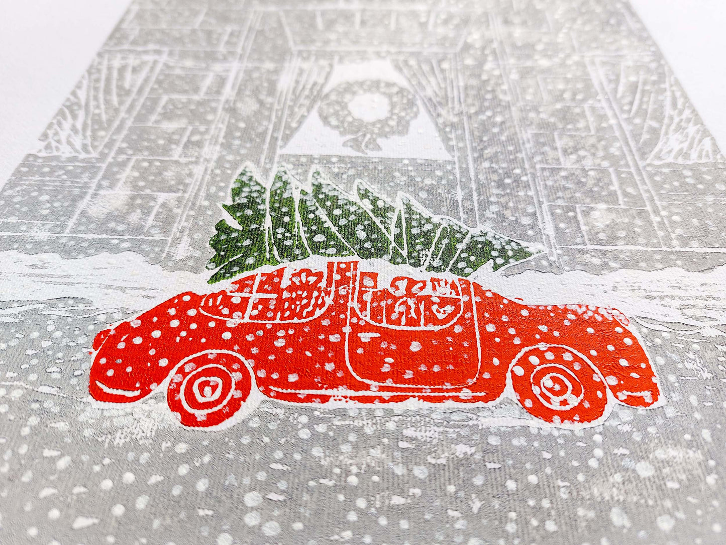Gallery wall set of 2 Christmas tree with car art and Winter forest with red houses and white snow Linocut print Holiday wall art UNFRAMED, relief print, handmade printmaking for nursery decor, kids room, bedroom or living room, original artwork