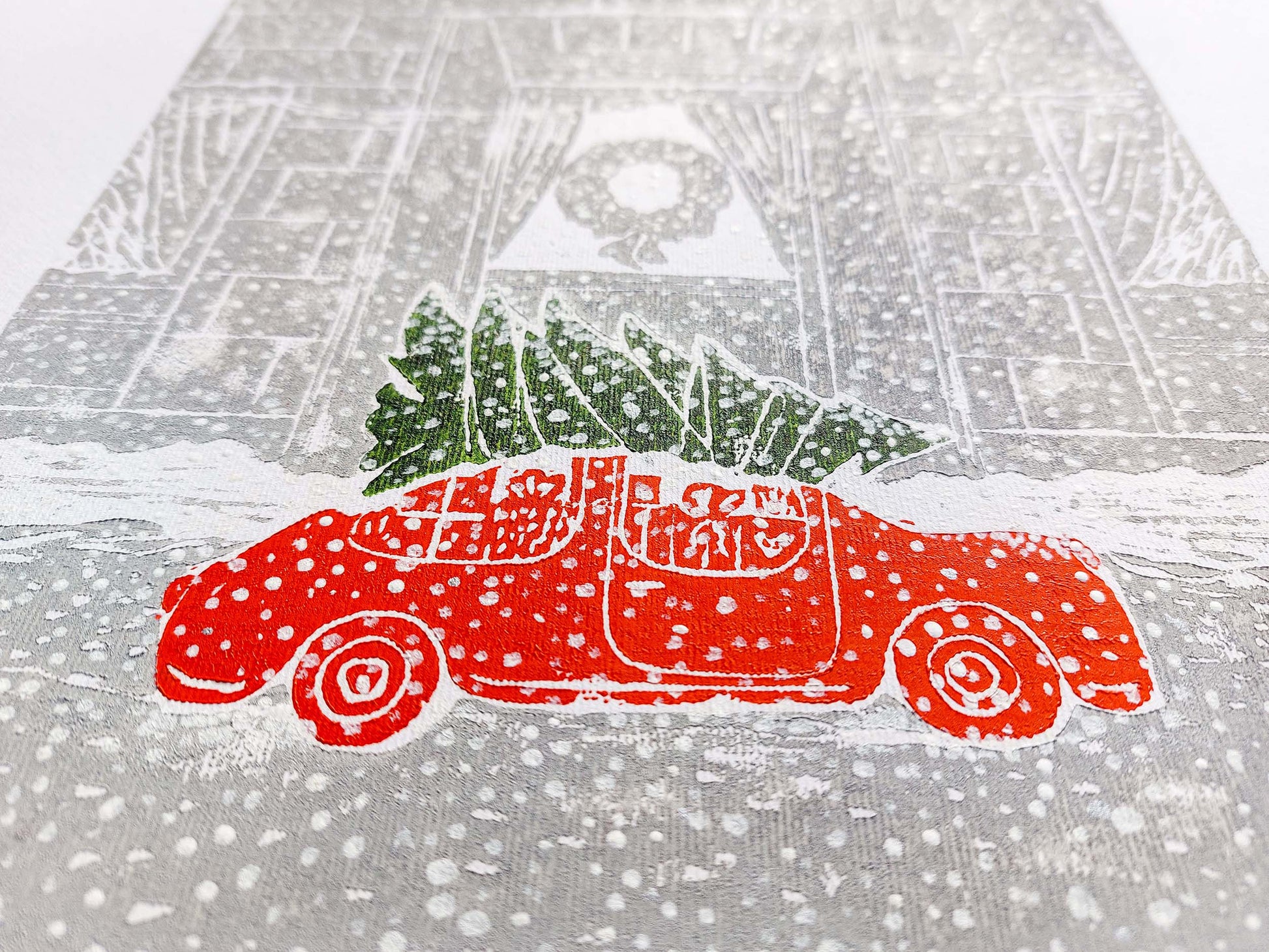 Gallery wall set of 2 Christmas tree with car art and Winter forest with red houses and white snow Linocut print Holiday wall art UNFRAMED, relief print, handmade printmaking for nursery decor, kids room, bedroom or living room, original artwork