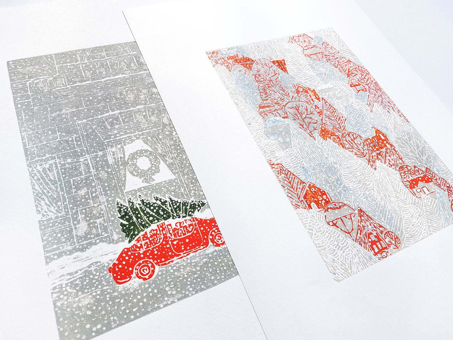 Gallery wall set of 2 Christmas tree with car art and Winter forest with red houses and white snow Linocut print Holiday wall art UNFRAMED, relief print, handmade printmaking for nursery decor, kids room, bedroom or living room, original artwork