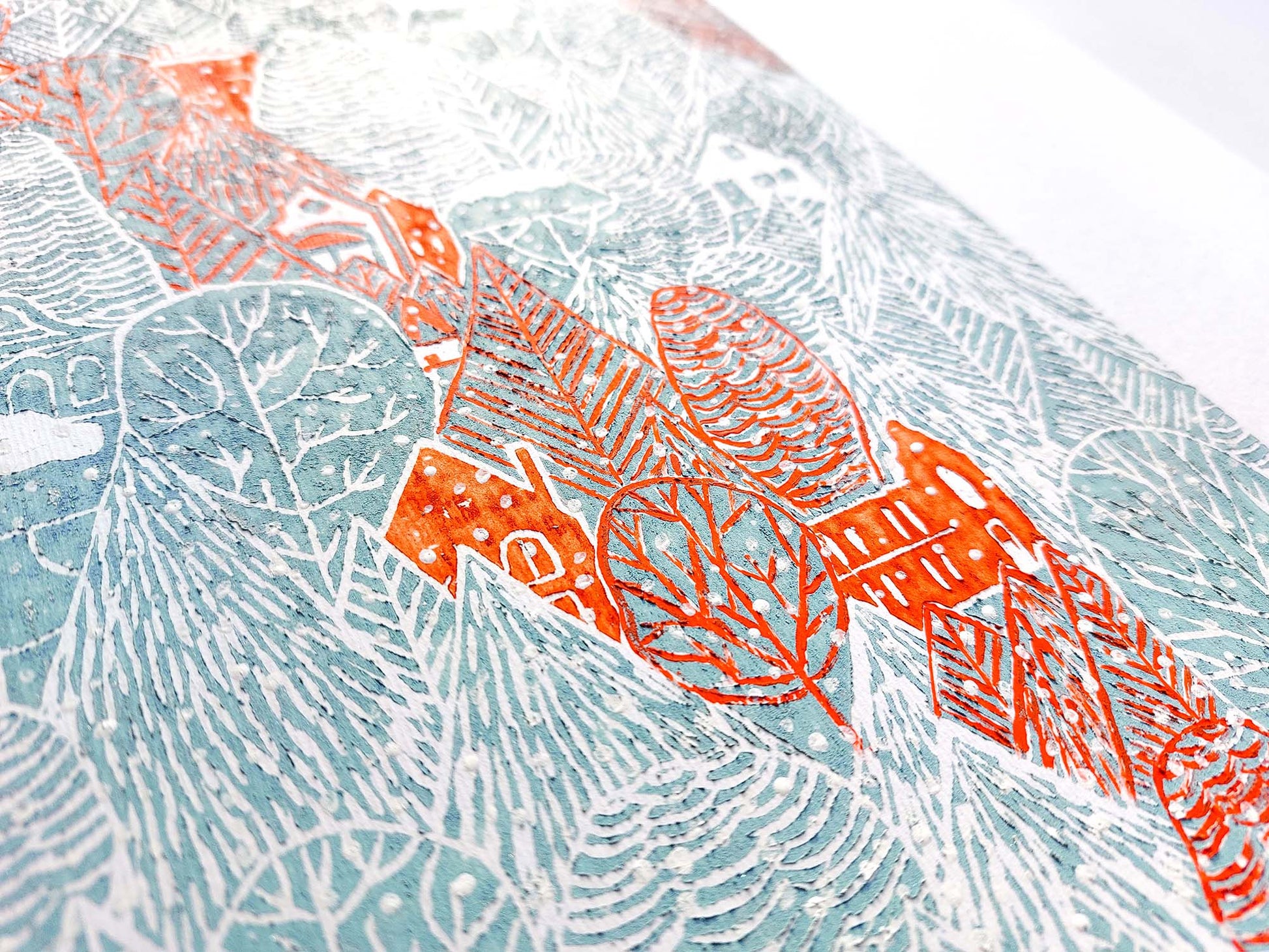 Blue winter forest with Red houses Linocut print Holiday wall art 14x20 for living room or kids room wall decor UNFRAMED, Lino print, Linogravure, Original artwork, New home gift, Noel decoration, Christmas holiday, printmaking, relief print, handmade art decor