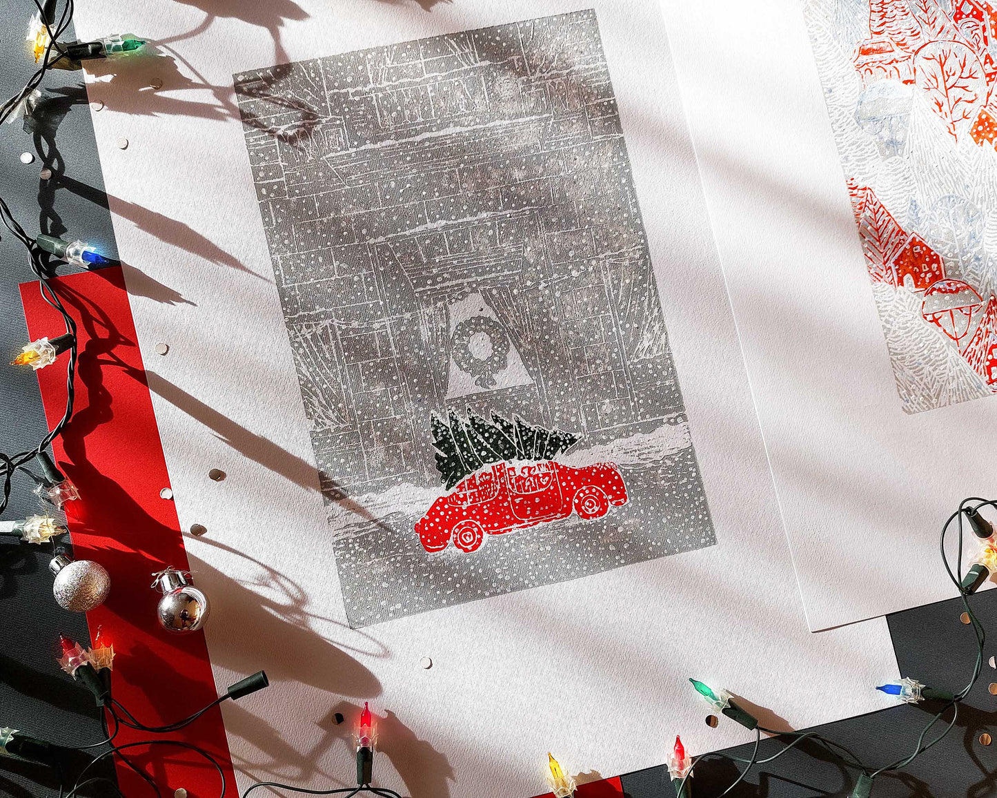 Gallery wall set of 2 Christmas tree with car art and Winter forest with red houses and white snow Linocut print Holiday wall art UNFRAMED, relief print, handmade printmaking for nursery decor, kids room, bedroom or living room, original artwork