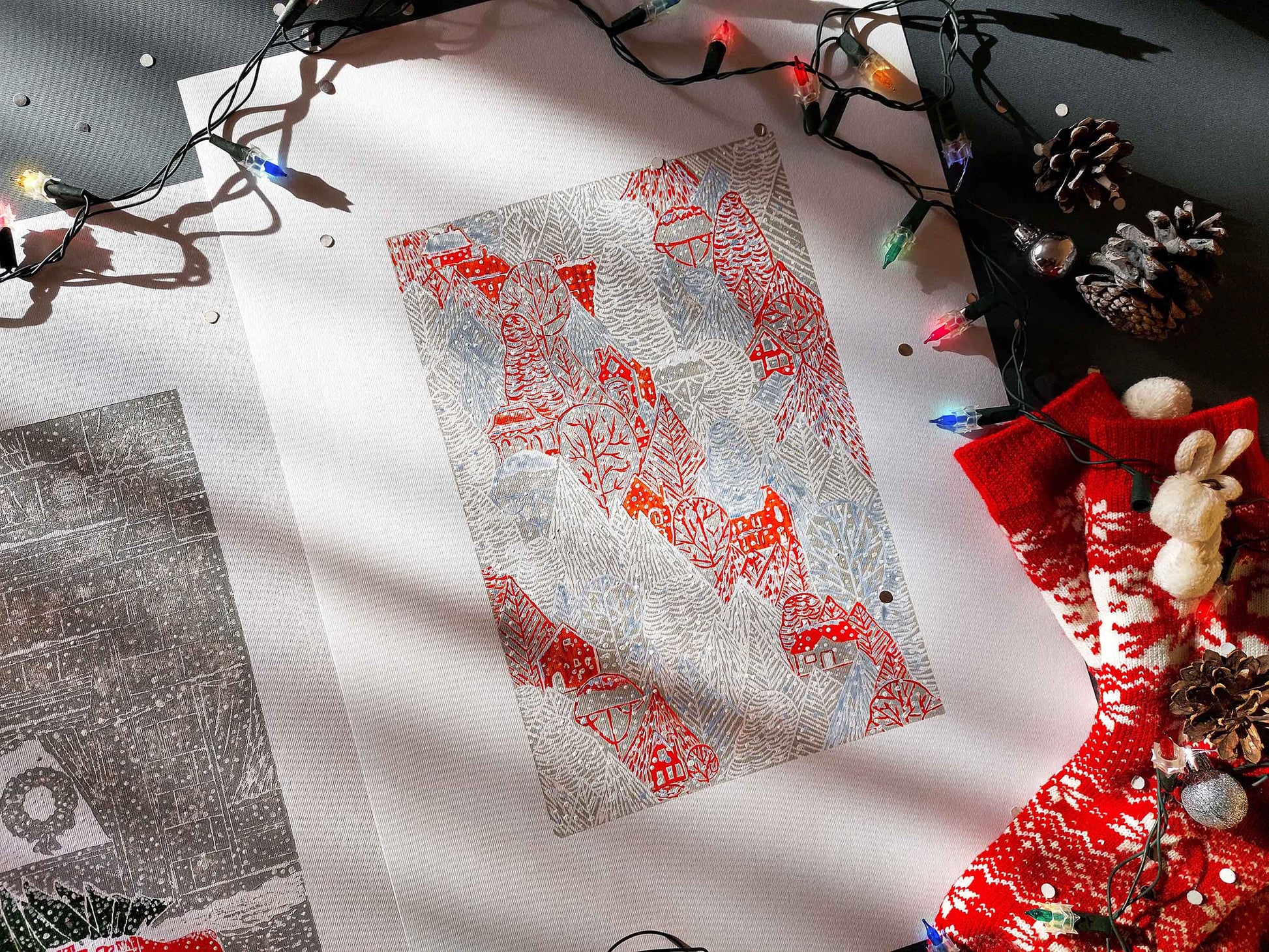 Gallery wall set of 2 Christmas tree with car art and Winter forest with red houses and white snow Linocut print Holiday wall art UNFRAMED, relief print, handmade printmaking for nursery decor, kids room, bedroom or living room, original artwork