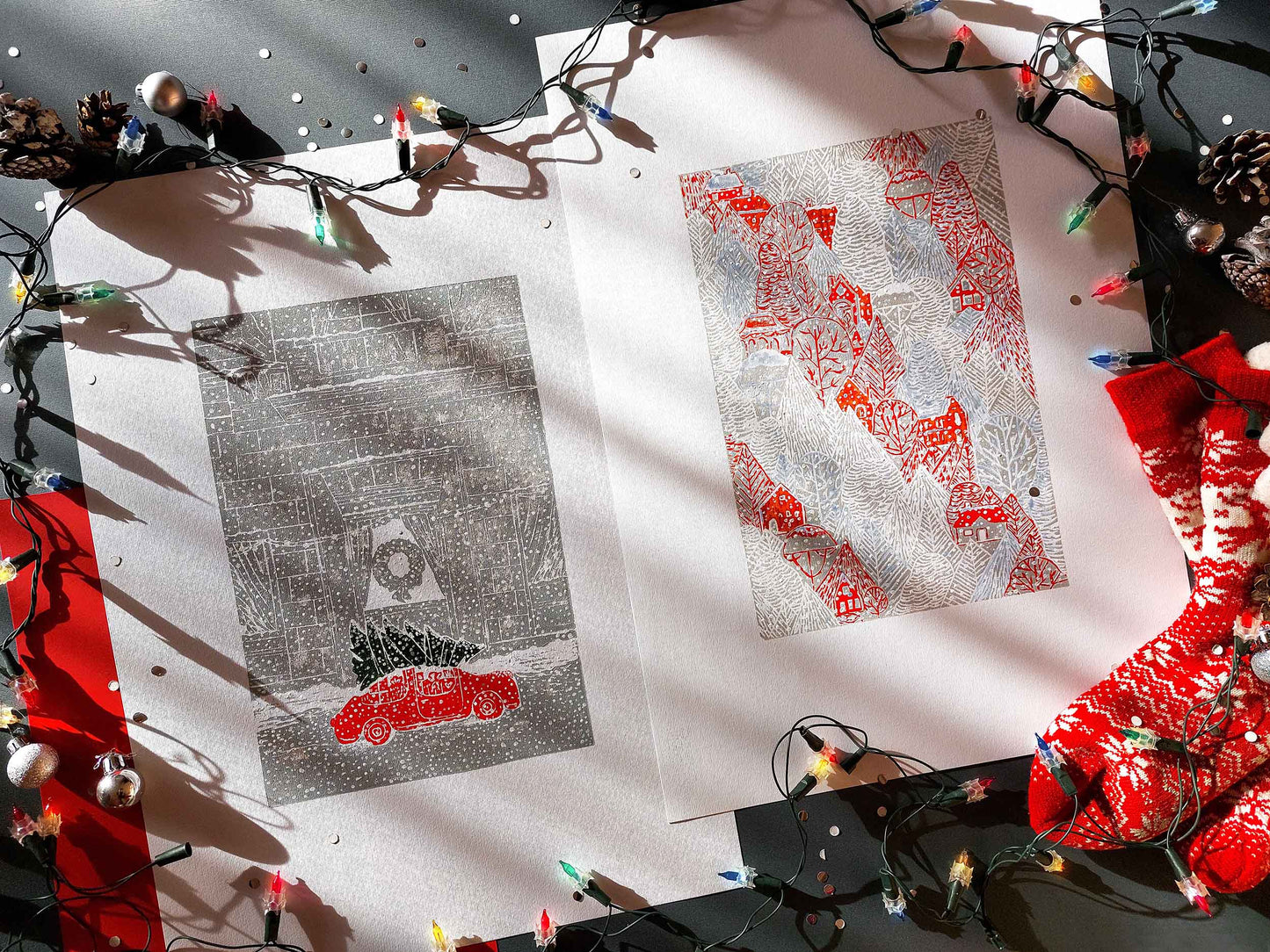 Gallery wall set of 2 Christmas tree with car art and Winter forest with red houses and white snow Linocut print Holiday wall art UNFRAMED, relief print, handmade printmaking for nursery decor, kids room, bedroom or living room, original artwork