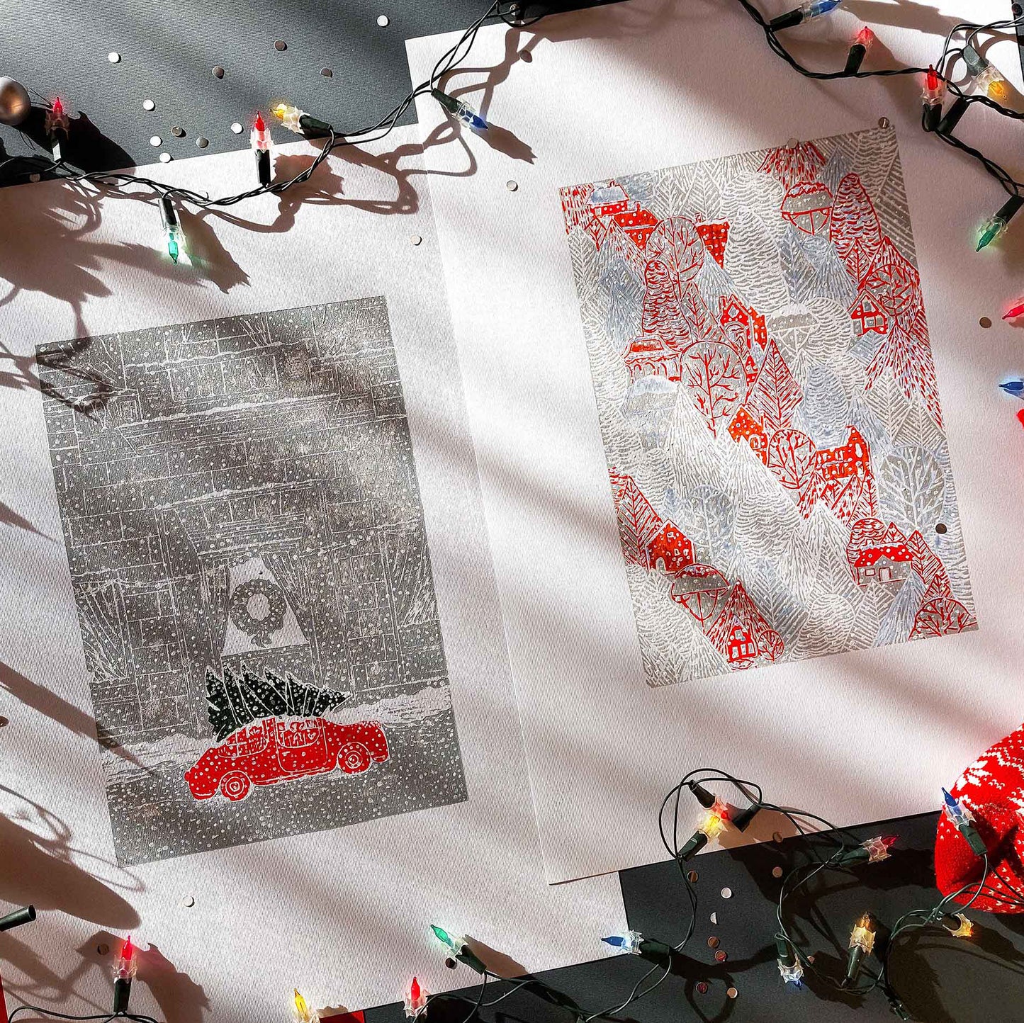 Gallery wall set of 2 Christmas tree with car art and Winter forest with red houses and white snow Linocut print Holiday wall art UNFRAMED, relief print, handmade printmaking for nursery decor, kids room, bedroom or living room, original artwork