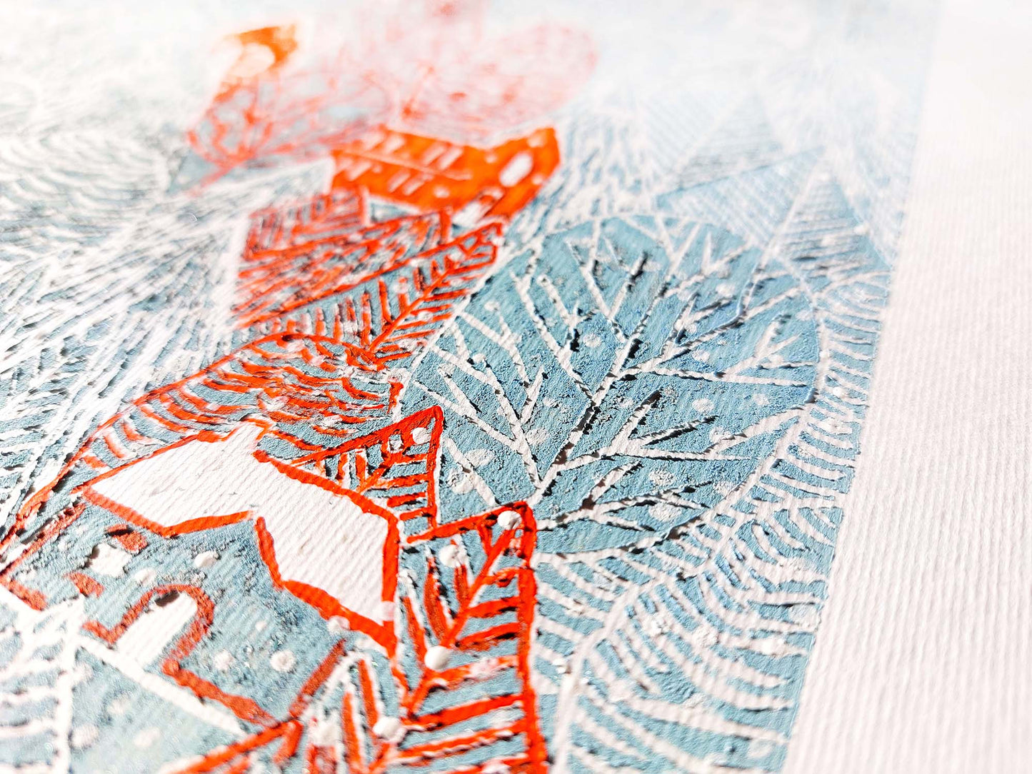 Blue winter forest with Red houses Linocut print Holiday wall art 14x20 for living room or kids room wall decor UNFRAMED, Lino print, Linogravure, Original artwork, New home gift, Noel decoration, Christmas holiday, printmaking, relief print, handmade art decor