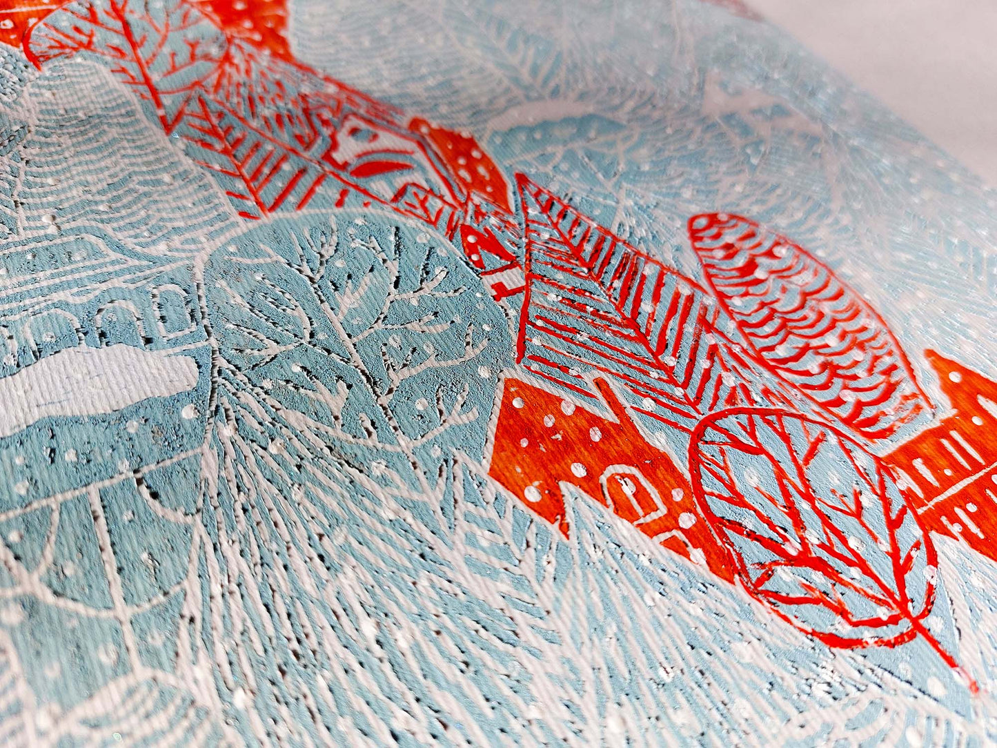 Blue winter forest with Red houses Linocut print Holiday wall art 14x20 for living room or kids room wall decor UNFRAMED, Lino print, Linogravure, Original artwork, New home gift, Noel decoration, Christmas holiday, printmaking, relief print, handmade art decor