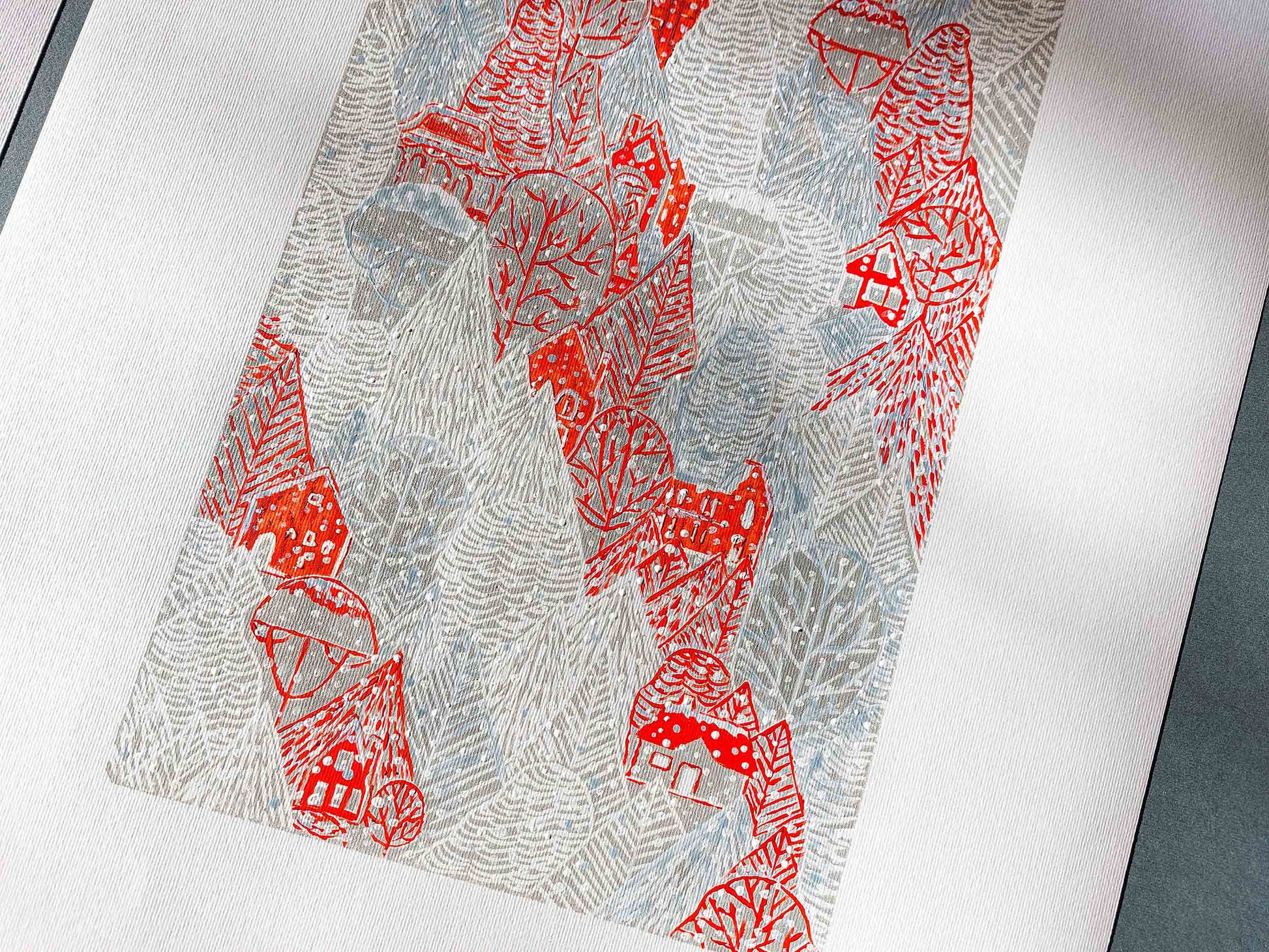 Gallery wall set of 2 Christmas tree with car art and Winter forest with red houses and white snow Linocut print Holiday wall art UNFRAMED, relief print, handmade printmaking for nursery decor, kids room, bedroom or living room, original artwork
