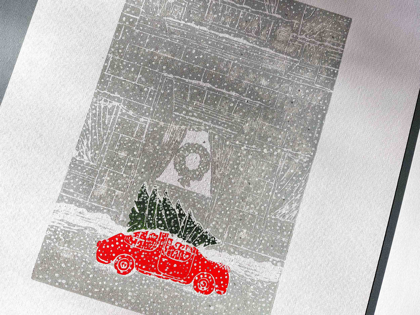 Gallery wall set of 2 Christmas tree with car art and Winter forest with red houses and white snow Linocut print Holiday wall art UNFRAMED, relief print, handmade printmaking for nursery decor, kids room, bedroom or living room, original artwork