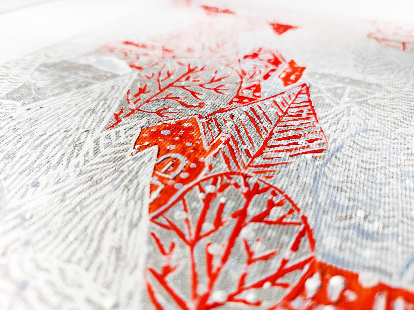 Gallery wall set of 2 Christmas tree with car art and Winter forest with red houses and white snow Linocut print Holiday wall art UNFRAMED, relief print, handmade printmaking for nursery decor, kids room, bedroom or living room, original artwork