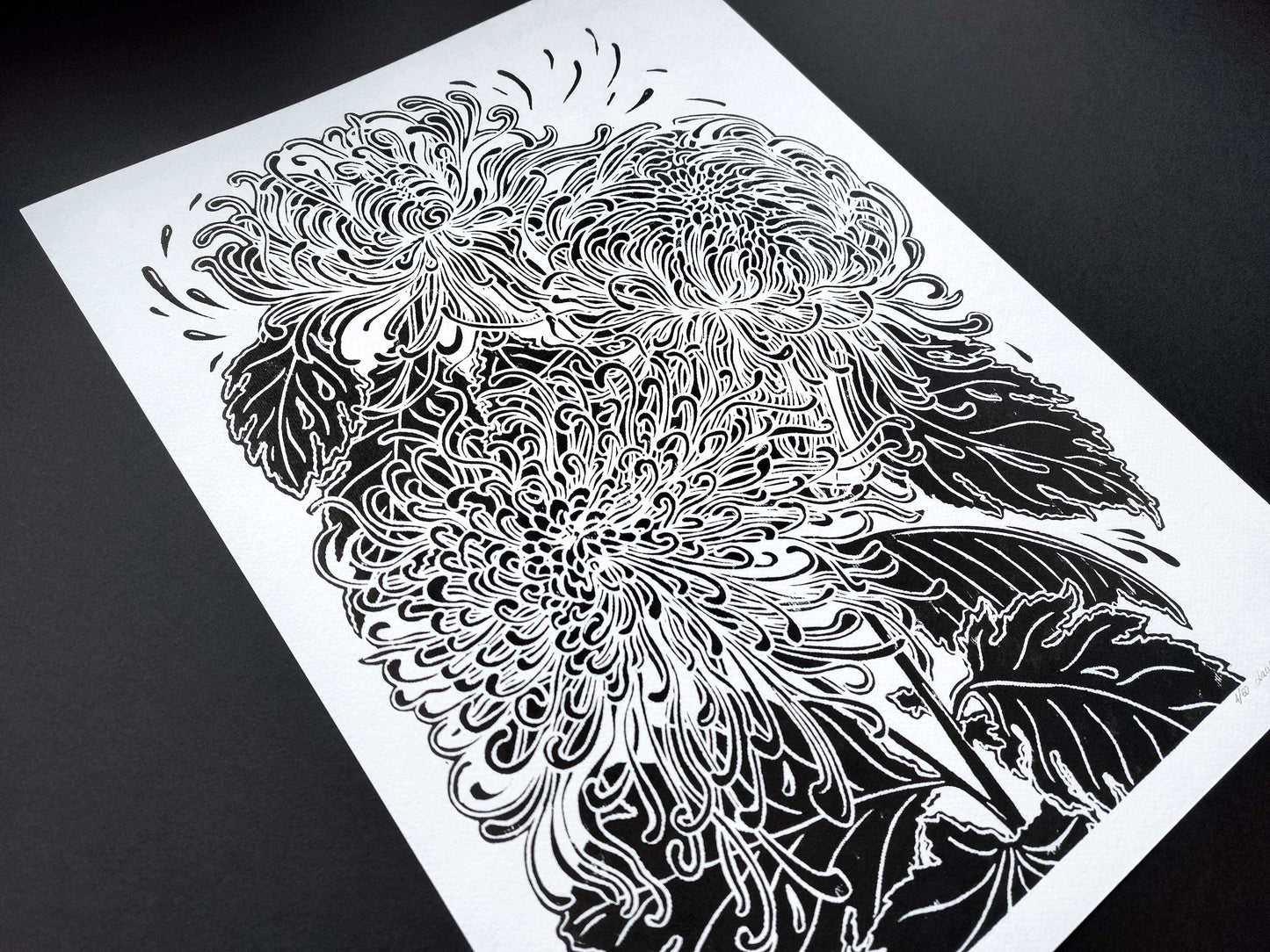 Black japanese chrysanthemum flower Linocut print for Nature lover gift UNFRAMED for modern kitchen or bedroom wall decor