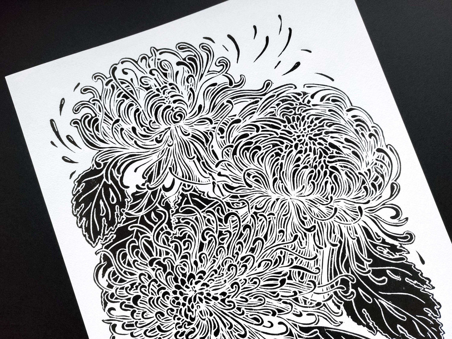 Black japanese chrysanthemum flower Linocut print for Nature lover gift UNFRAMED for modern kitchen or bedroom wall decor