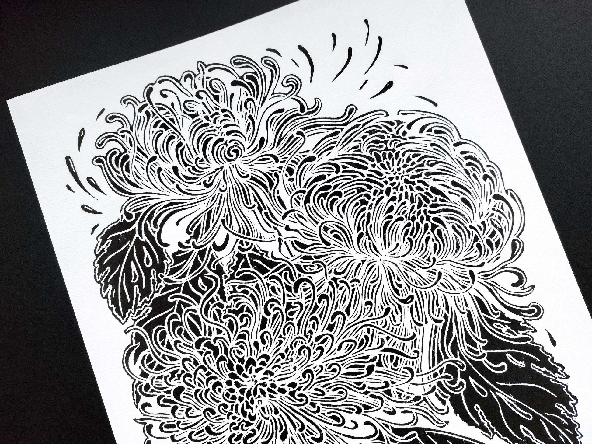 Black japanese chrysanthemum flower Linocut print for Nature lover gift UNFRAMED for modern kitchen or bedroom wall decor
