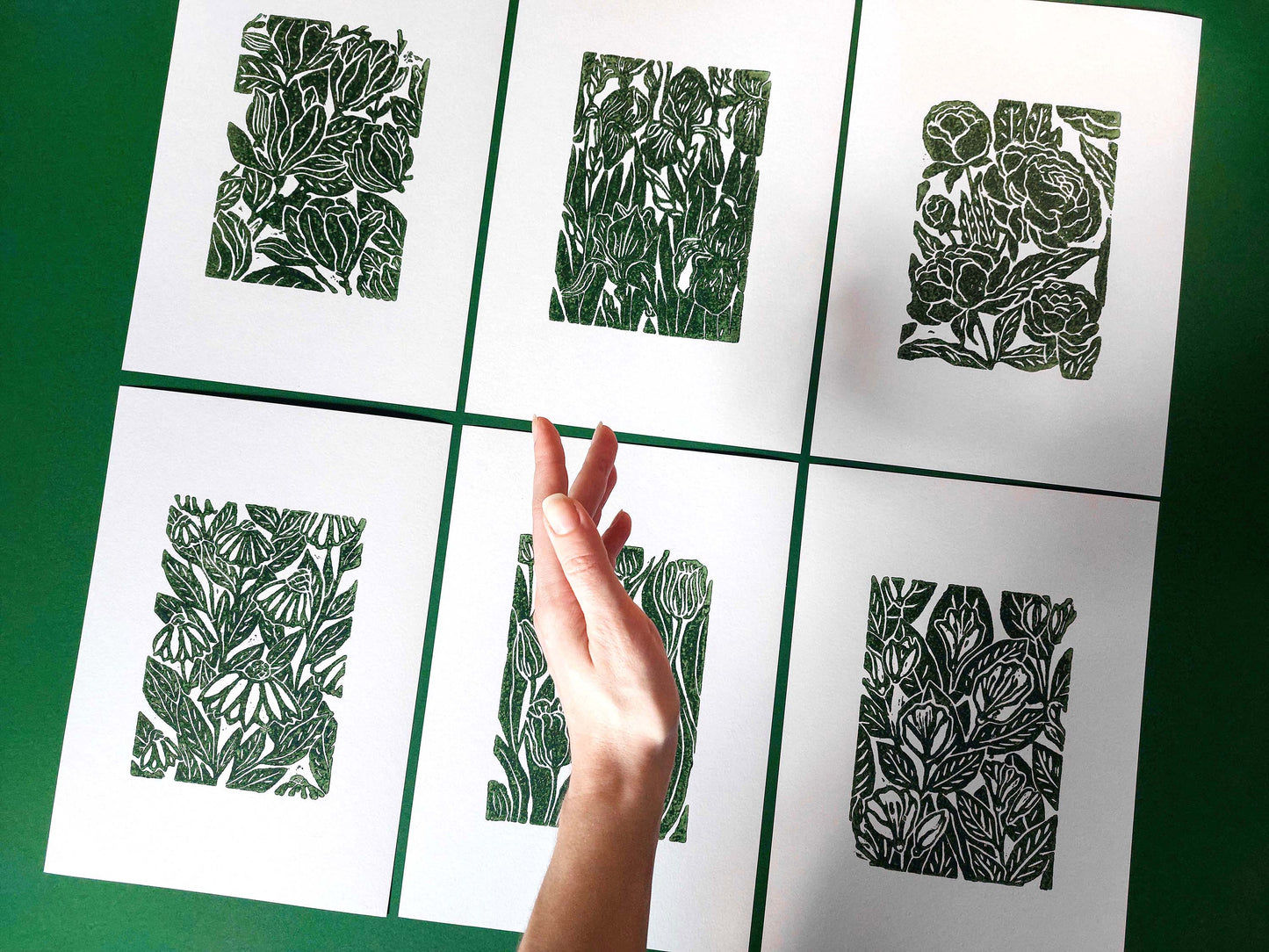 Green Gallery wall set of 6 art Botanical flowers - Jasmine peonies echinacea tulips iris magnolia illustration Linocut print for Nature lover gift UNFRAMED Housewarming gift Nature lover gift New home gift Kitchen wall decor Living room bedroom decor Original artwork
