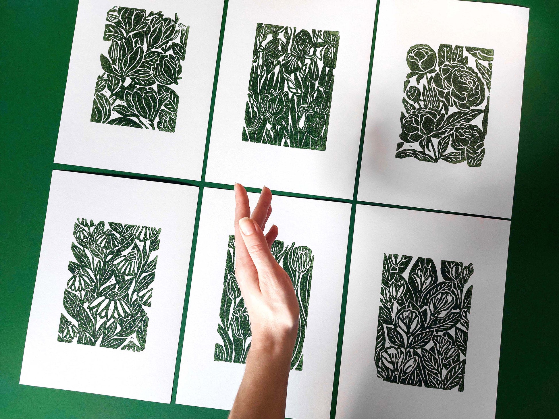 Green Gallery wall set of 6 art Botanical flowers - Jasmine peonies echinacea tulips iris magnolia illustration Linocut print for Nature lover gift UNFRAMED Housewarming gift Nature lover gift New home gift Kitchen wall decor Living room bedroom decor Original artwork