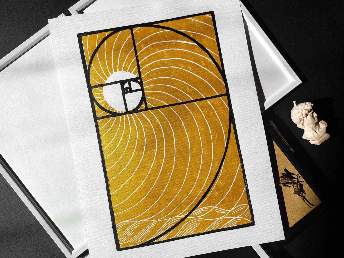 Golden ratio and gold sun and waves Linocut print for New home gift UNFRAMED Housewarming gift New home gift Living room bedroom decor 16x12 Original artwork Classical wall decor