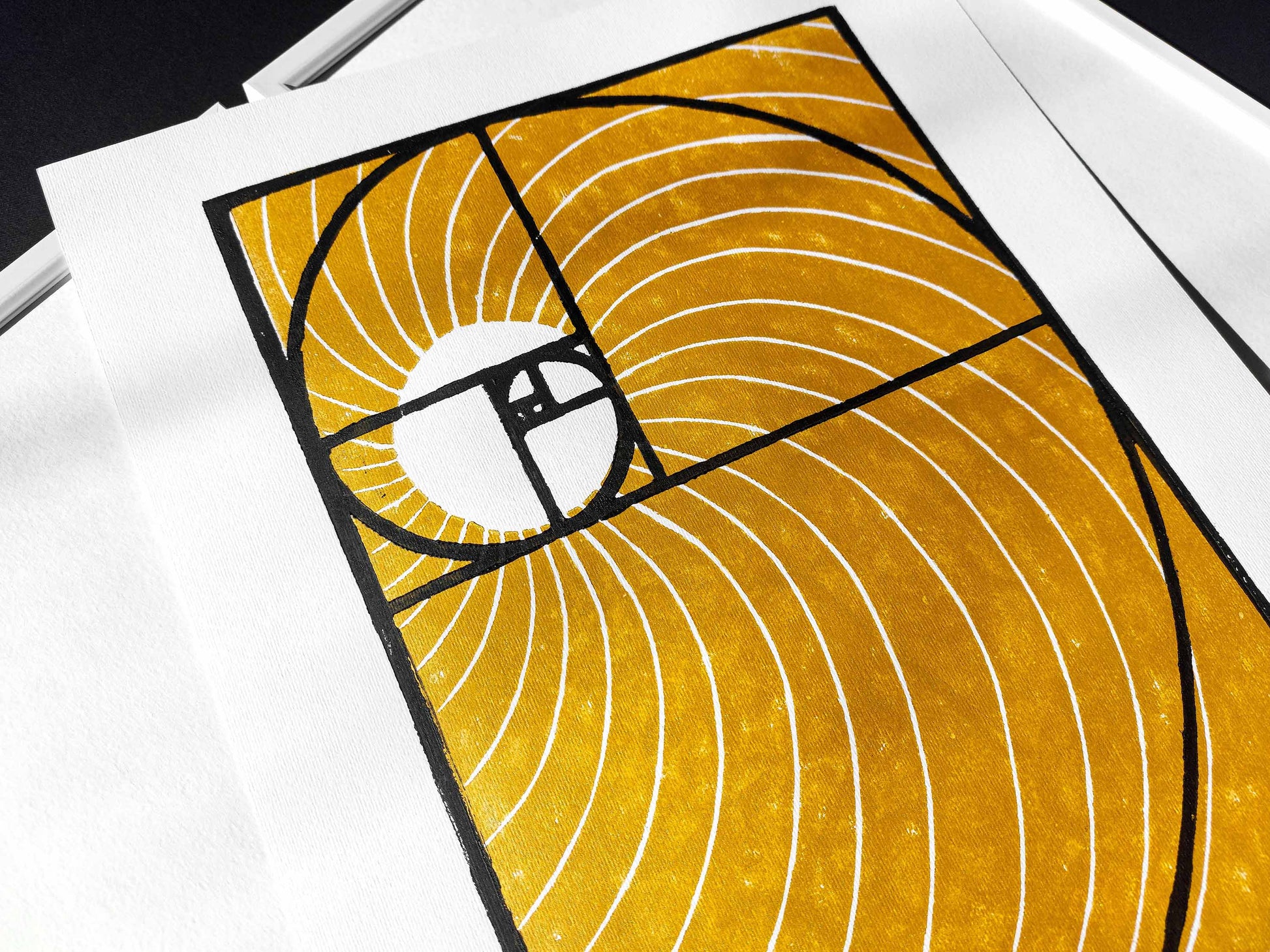 Golden ratio and gold sun and waves Linocut print for New home gift UNFRAMED Housewarming gift New home gift Living room bedroom decor 16x12 Original artwork Classical wall decor