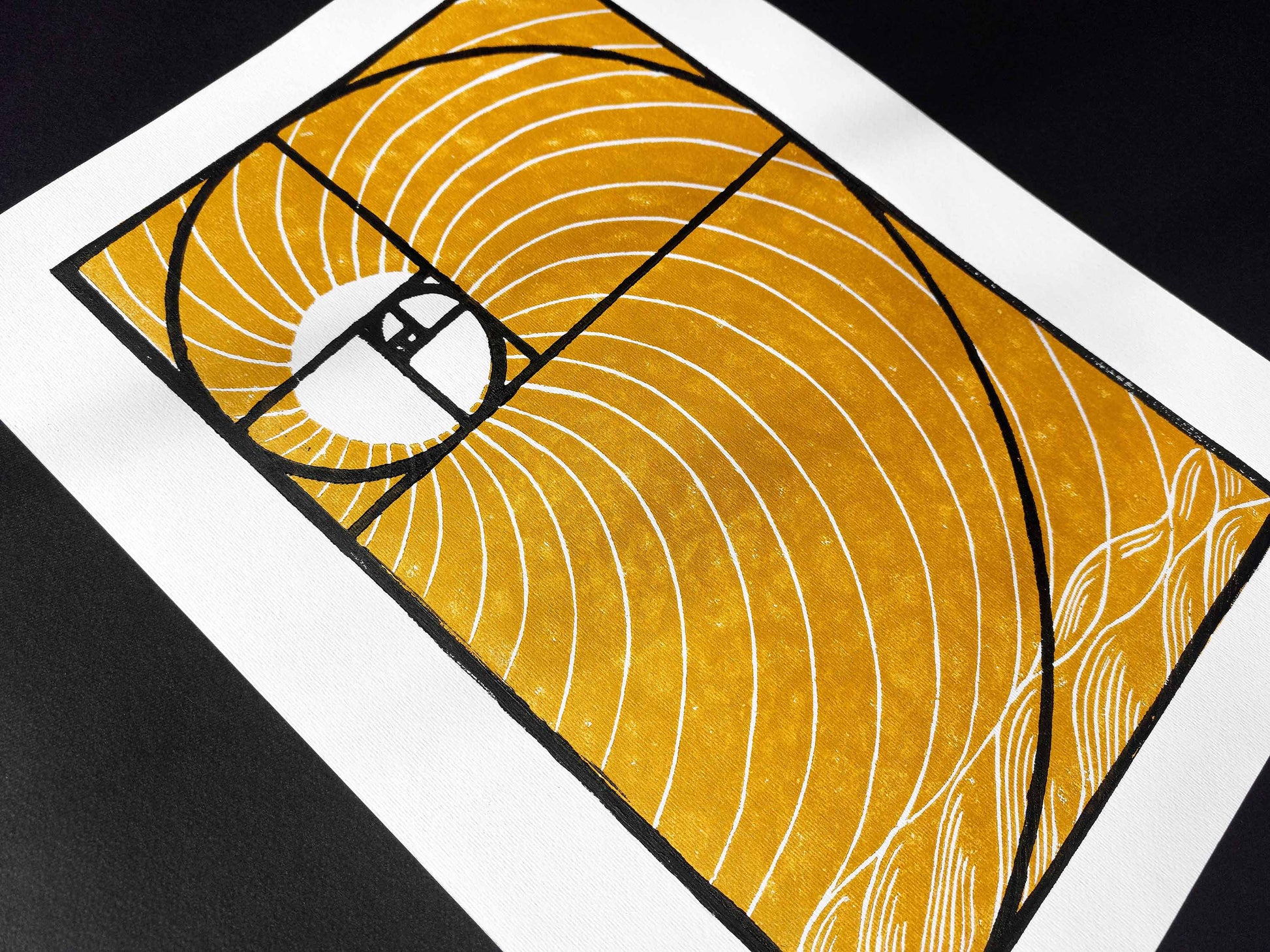 Details relief black Golden ratio and gold sun and waves Linocut print / lino print / linogravure