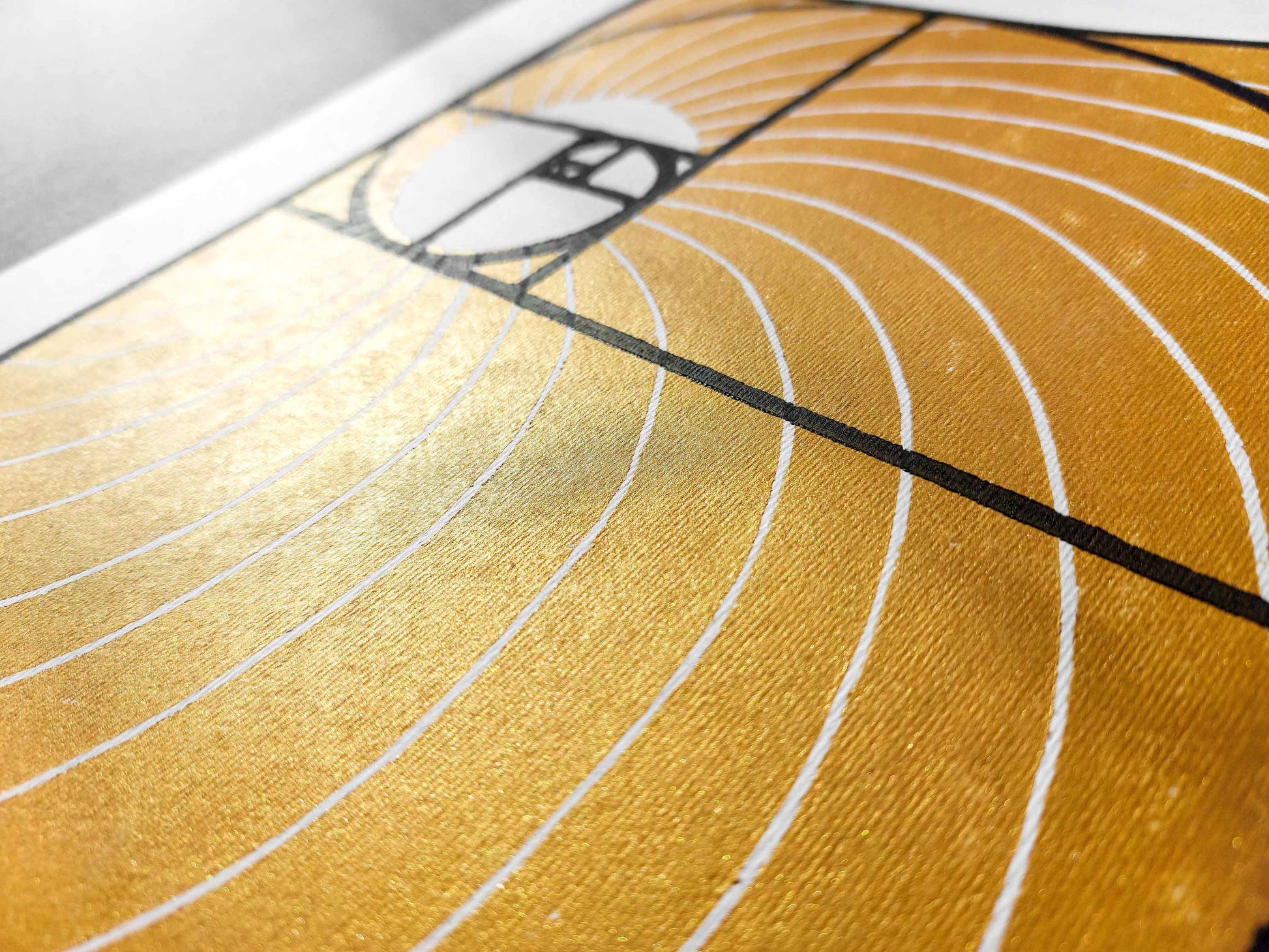 Details relief black Golden ratio and gold sun and waves Linocut print / lino print / linogravure