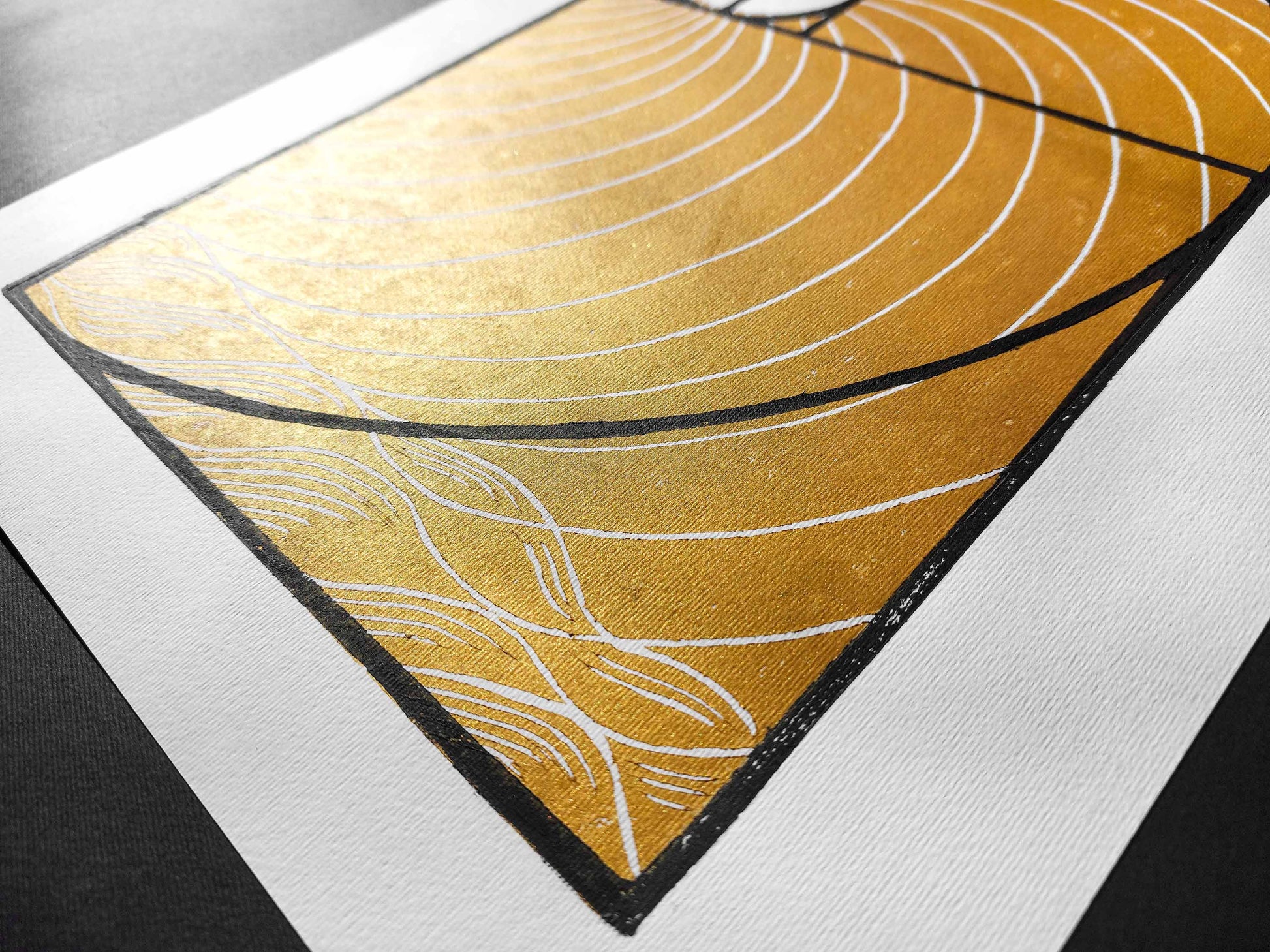 Details relief black Golden ratio and gold sun and waves Linocut print / lino print / linogravure