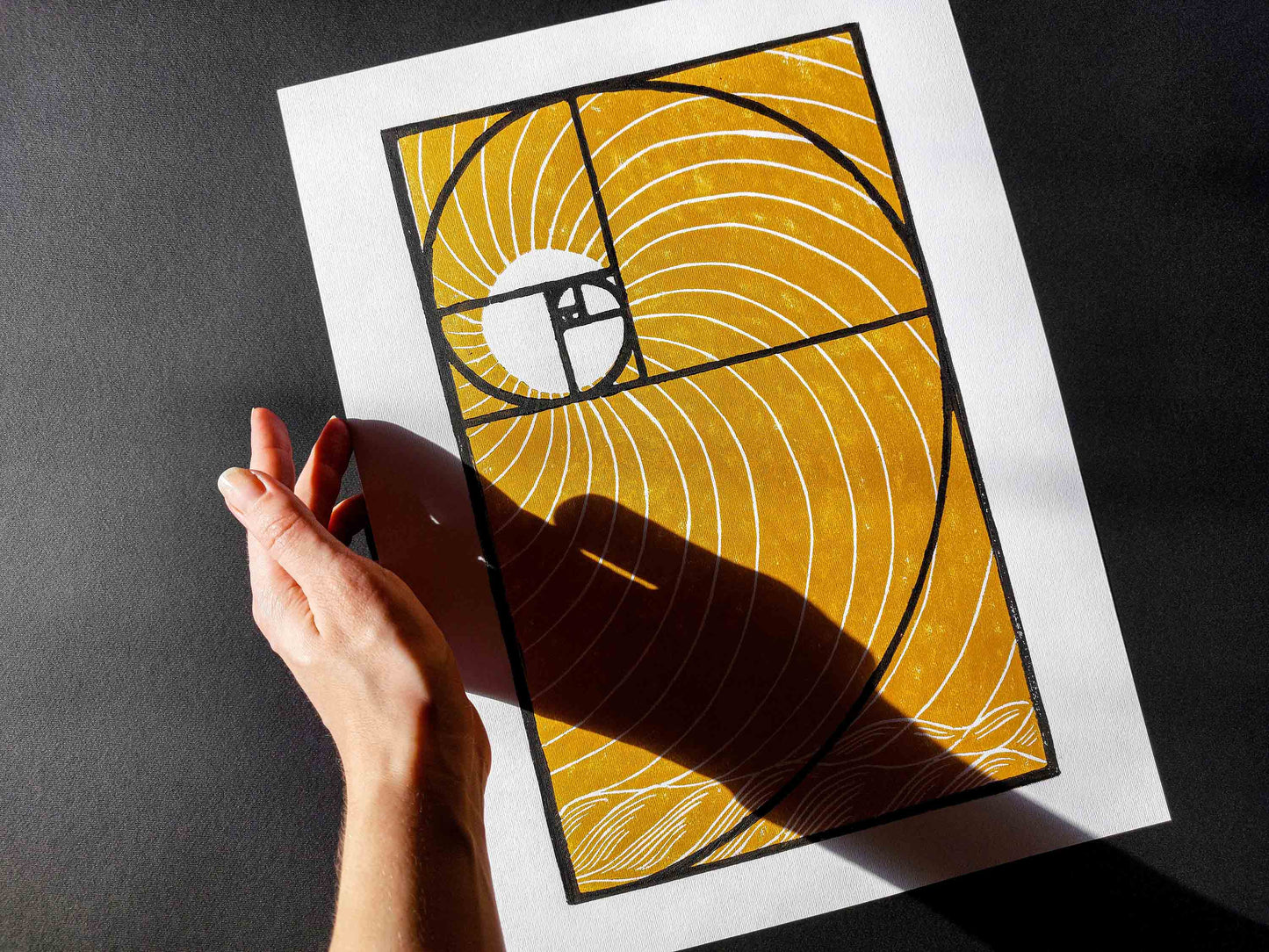 Golden ratio and gold sun and waves Linocut print for New home gift UNFRAMED Housewarming gift New home gift Living room bedroom decor 16x12 Original artwork Classical wall decor