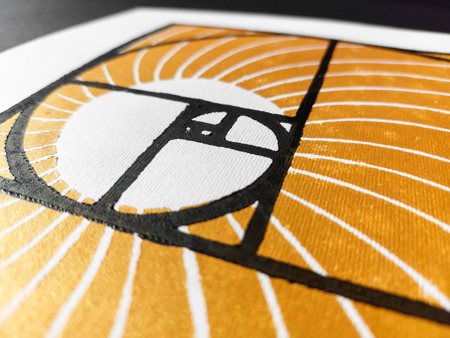 Details relief black Golden ratio and gold sun and waves Linocut print / lino print / linogravure