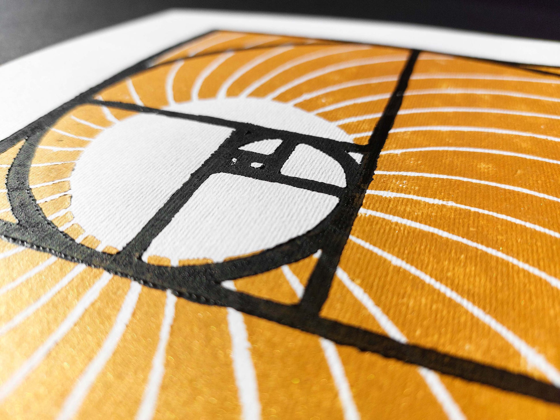 Details relief black Golden ratio and gold sun and waves Linocut print / lino print / linogravure