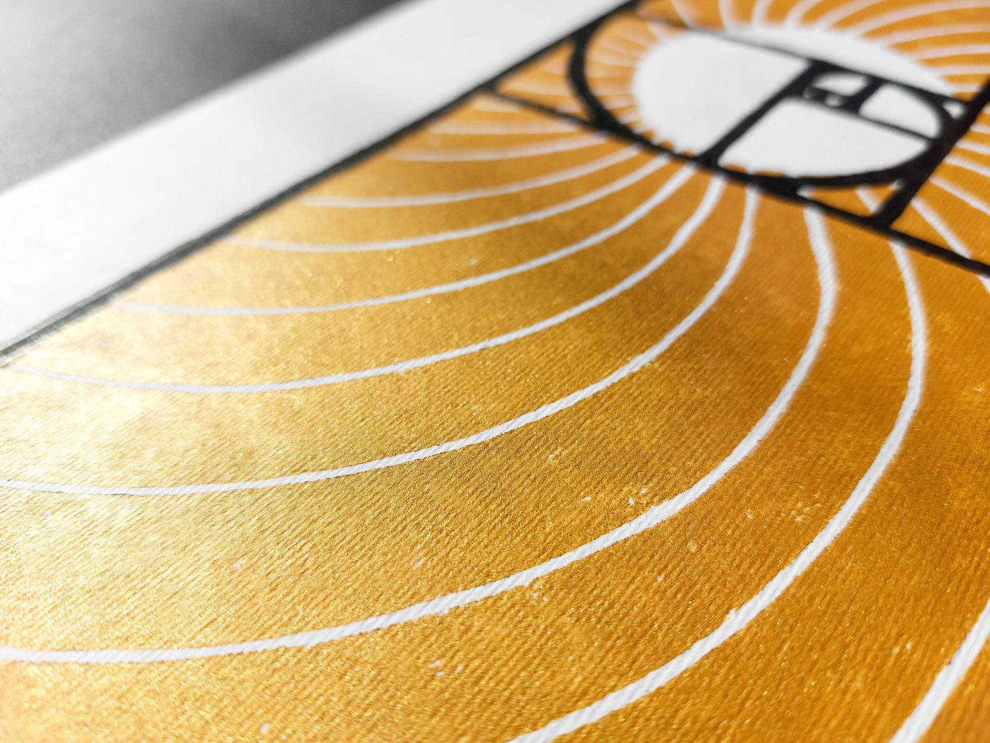 Details relief black Golden ratio and gold sun and waves Linocut print / lino print / linogravure