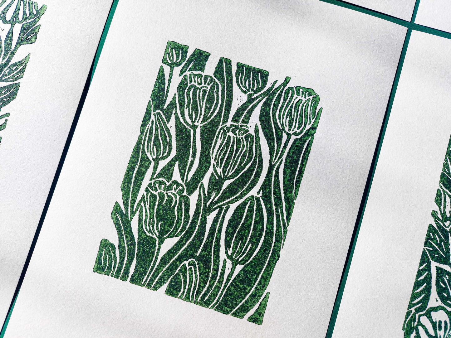 Details green tulips relief linocut print / lino print / linogravure