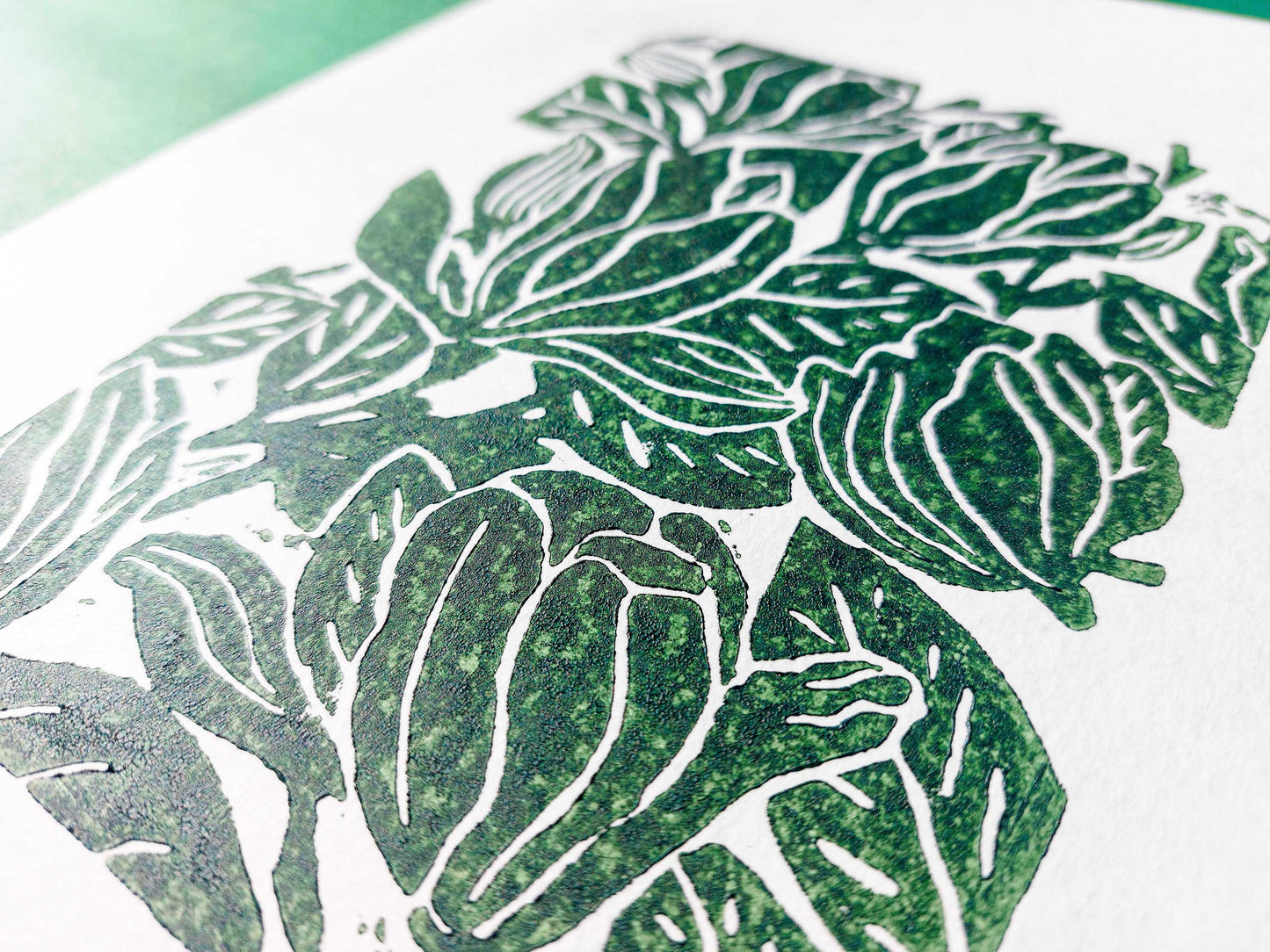 Details green magnolia relief linocut print / lino print / linogravure