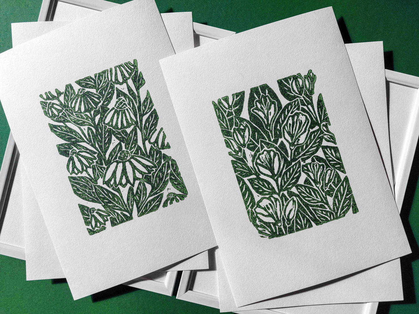 Details green echinacea and jasmine relief linocut print / lino print / linogravure