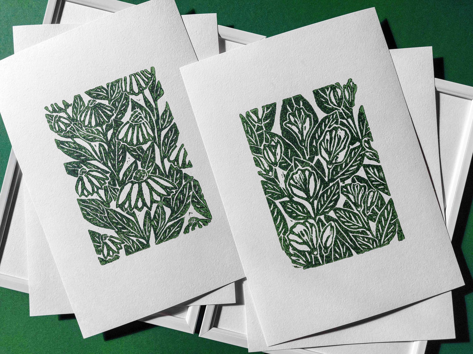 Details green echinacea and jasmine relief linocut print / lino print / linogravure