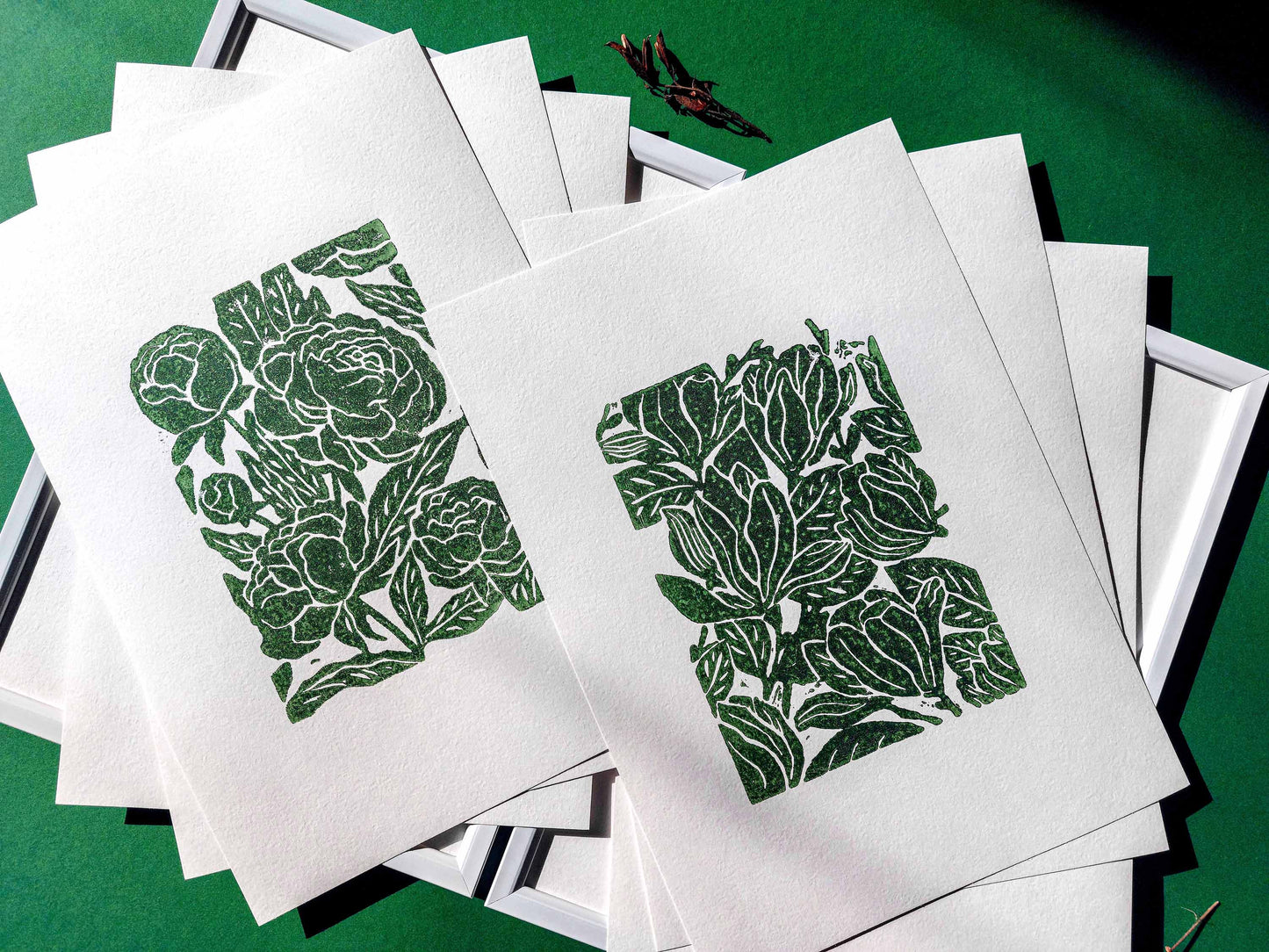 Details green peonies and magnolia flowers relief linocut print / lino print / linogravure
